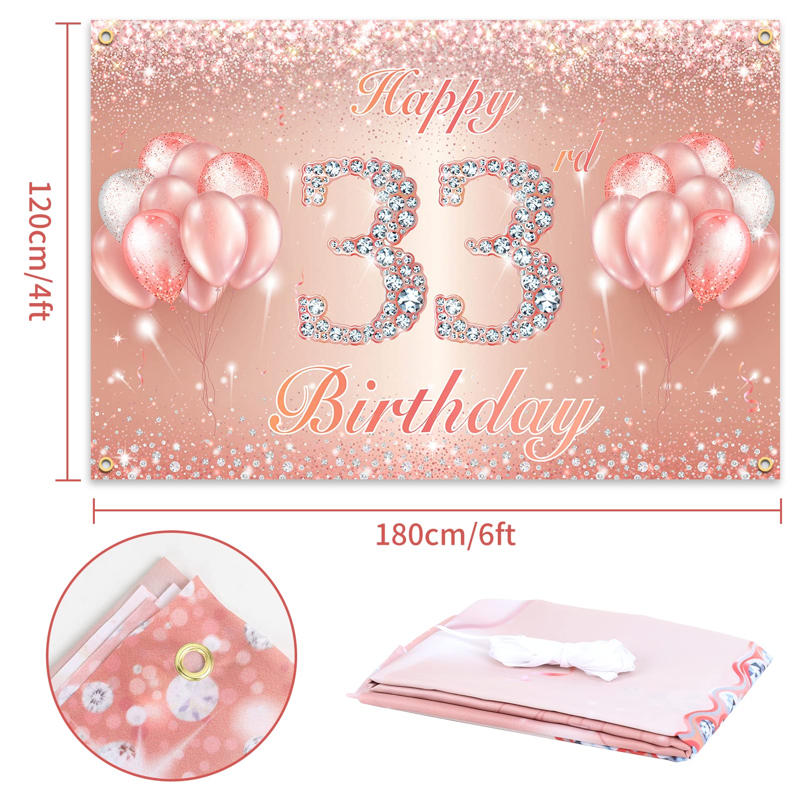 Happy 33Rd Birthday Banner Backdrop - 33 Birthday Party Decorations Supplies For Women Or Men - Rose Gold 4 X 6Ft