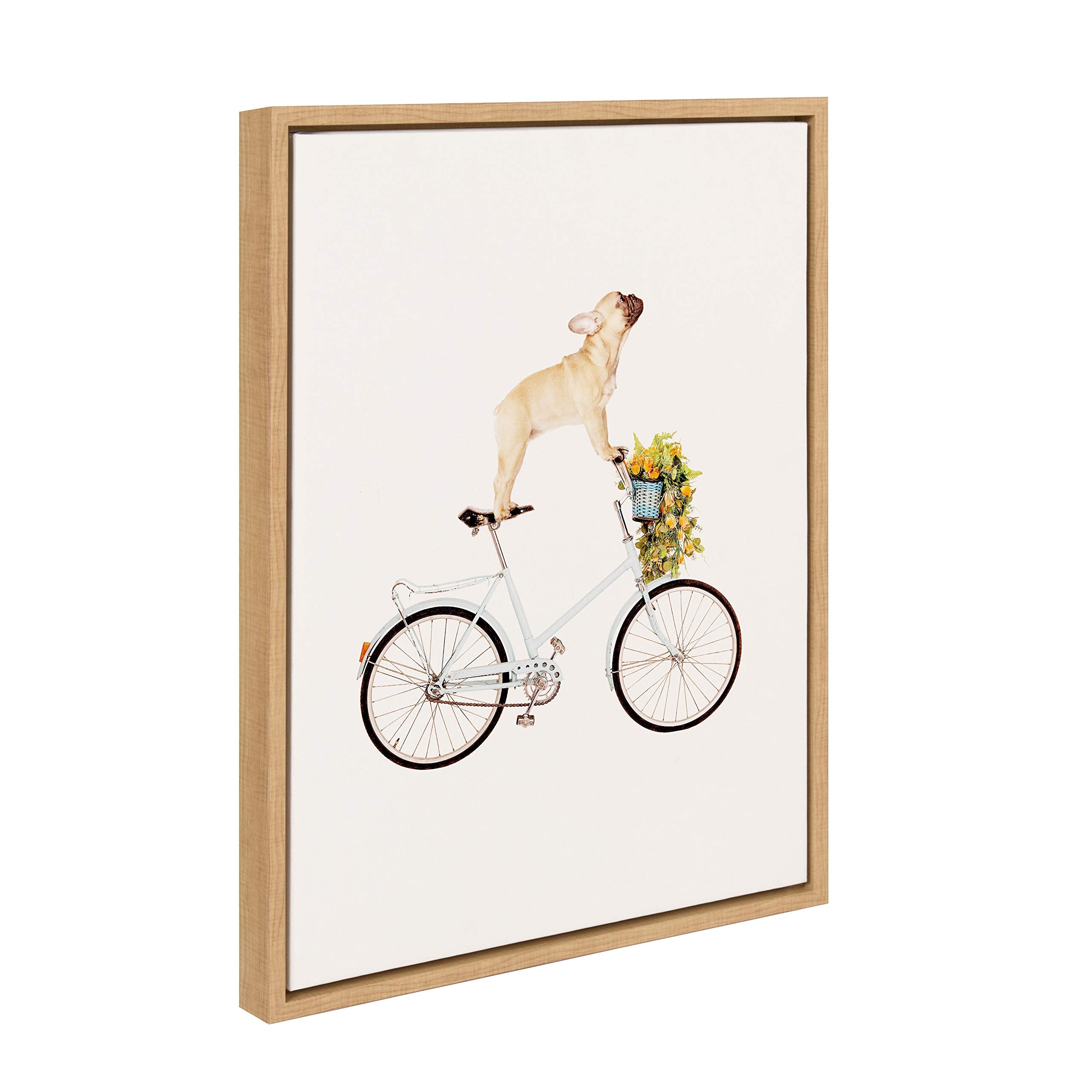 Kate And Laurel Sylvie Frenchie Bulldog Framed Canvas Wall Art By Amy Peterson, 18X24 Natural, Adorable Whimsical Dog Decor