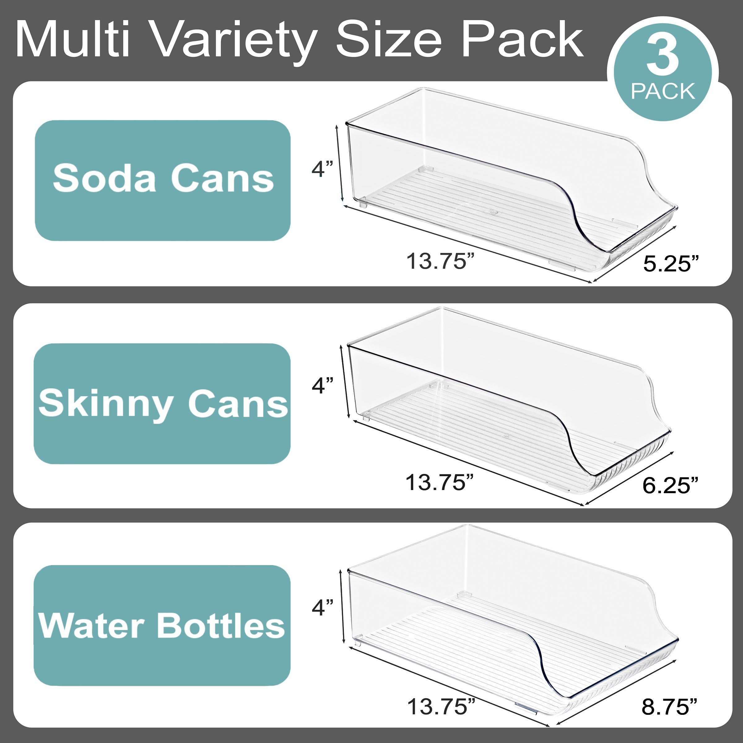 Sorbus Soda Can Organizer For Refrigerator, 3 Variety Sizes: Standard Soda Cans Holder, Skinny Can Dispenser & Water Bottle Orga