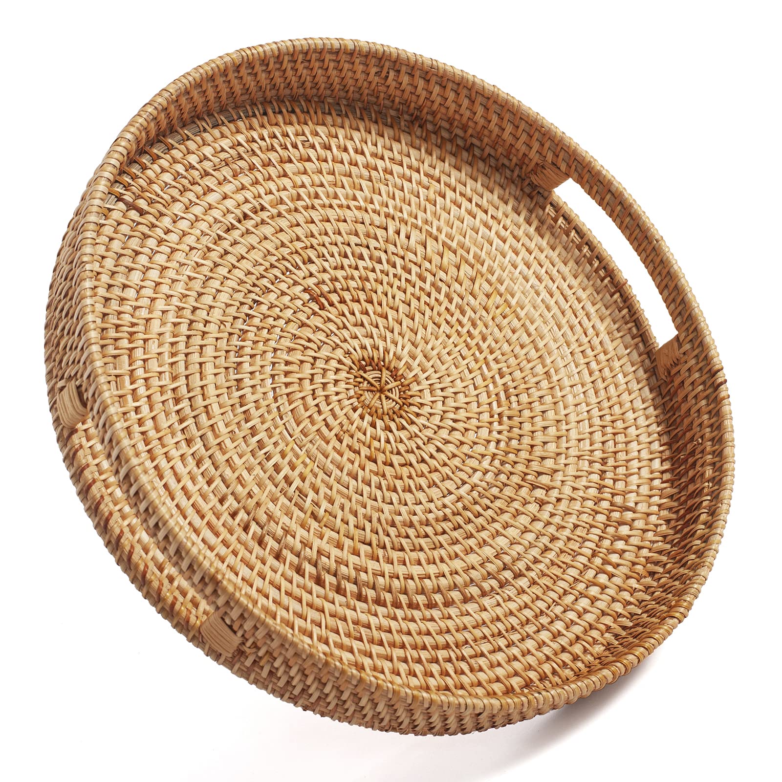 Coffee Table Tray Round Rattan Ottoman Tray Woven Serving Trays with Handles for Home and Kitchen Decorative Natural (Large 14 i