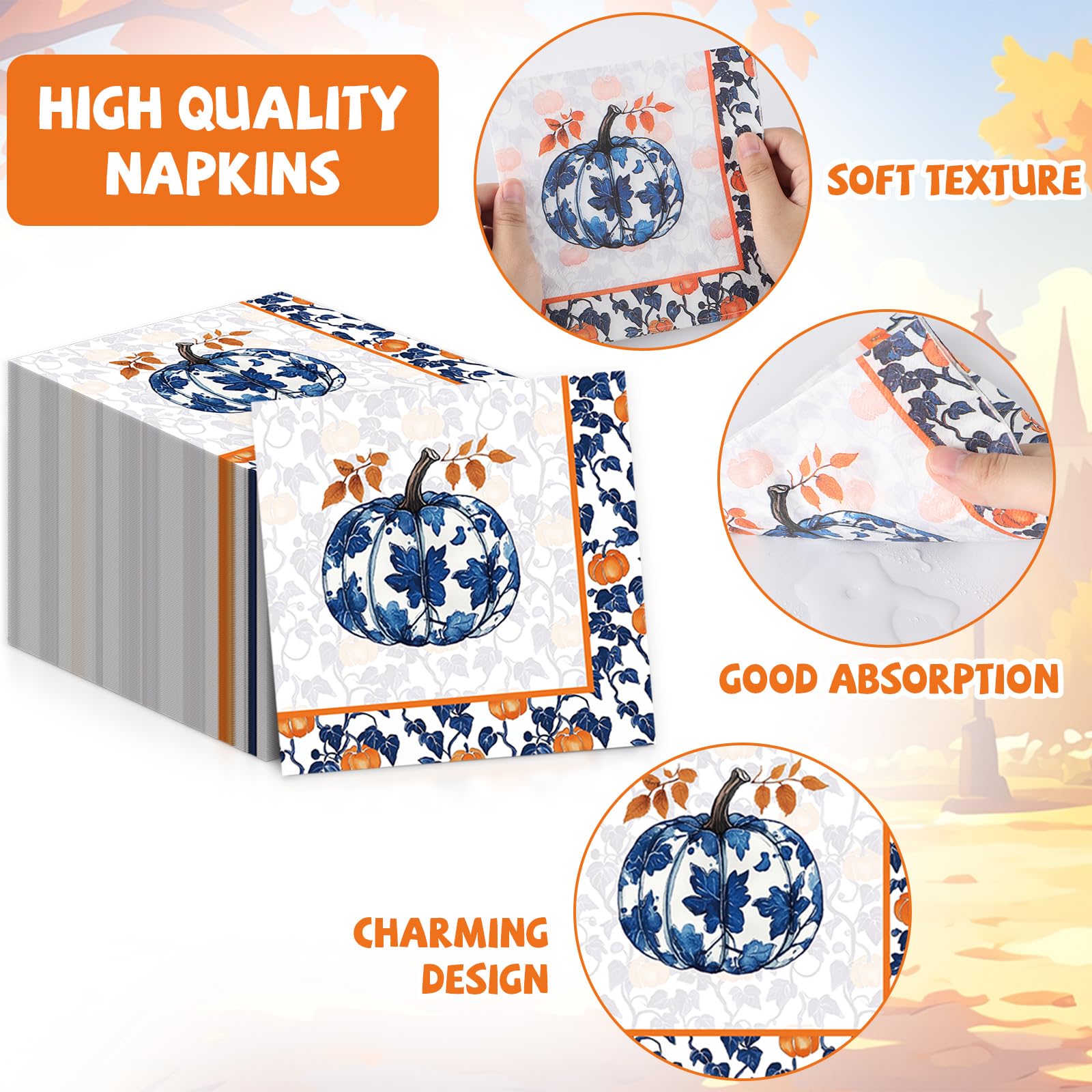 50 Pcs Blue Pumpkin Fall Oval Paper Plates 11inch Autumn Floral Leaves Plates and Napkins Thanksgiving Oval Disposable Dinnerwar
