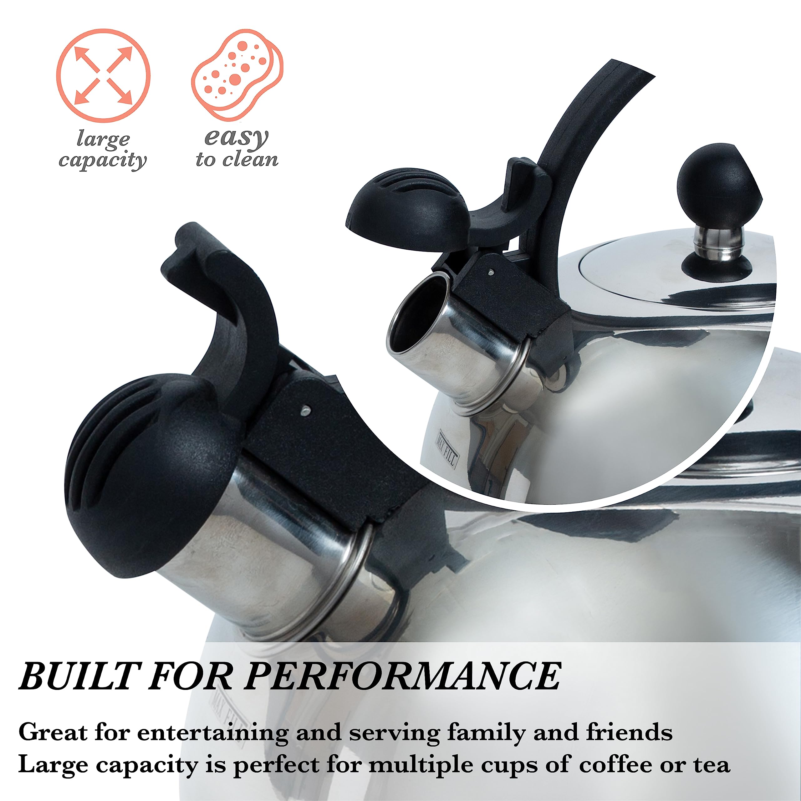 Kitchen Details Stainless Steel Whistling Tea Kettle | Stovetop | 10 Cup | 2.6 Quart | Chrome