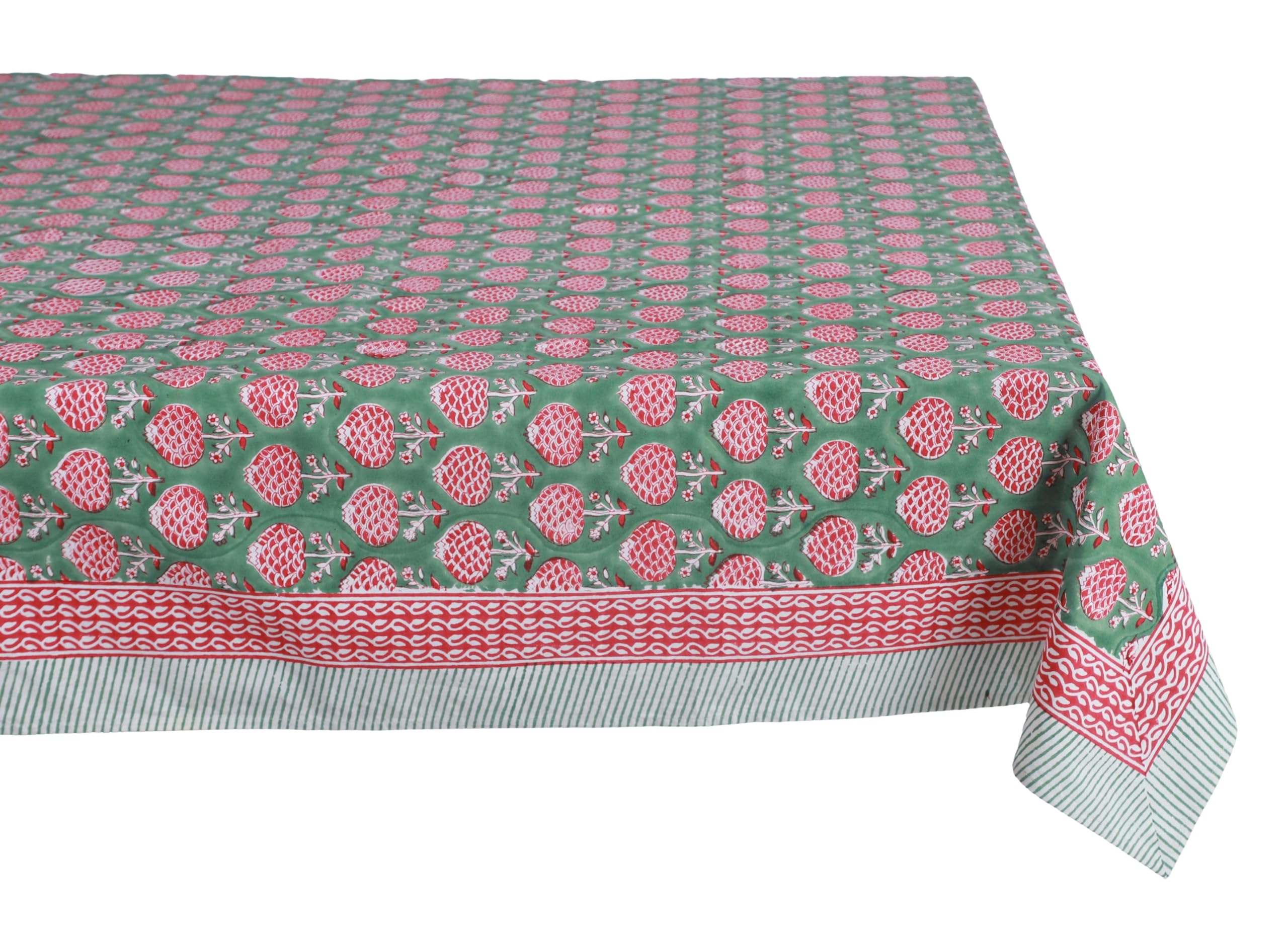 Atosii Roma Green 100% Cotton Square Summer Tablecloth, Block Print Floral Table Cloth For Dining, Parties Wedding Outdoors I Gr