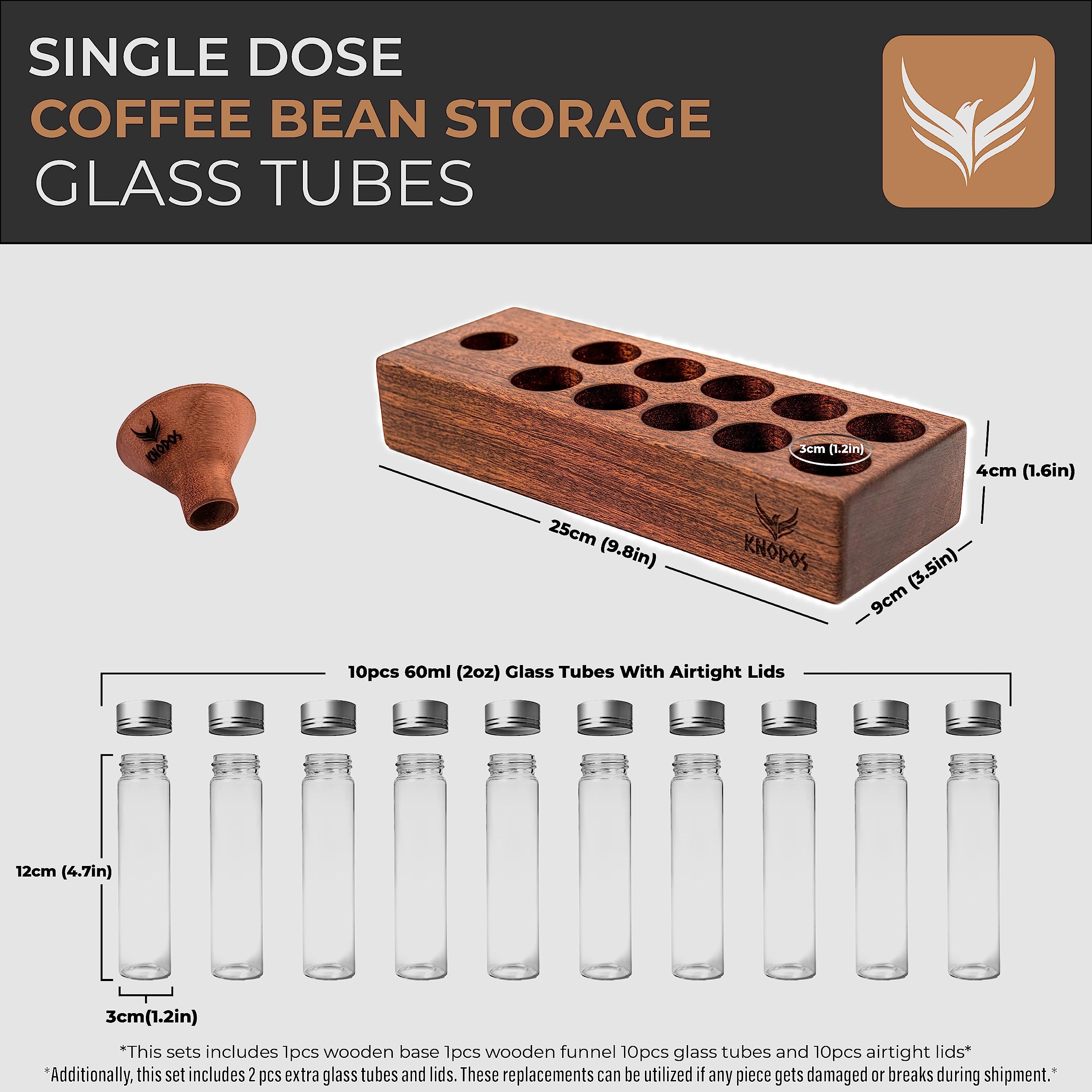 Single Dose Coffee Bean Storage Tubes Knodos Coffee Bean Cellar 10 Pcs Dosing Glass Vials With Lids (2 Oz) Wooden Display Stand