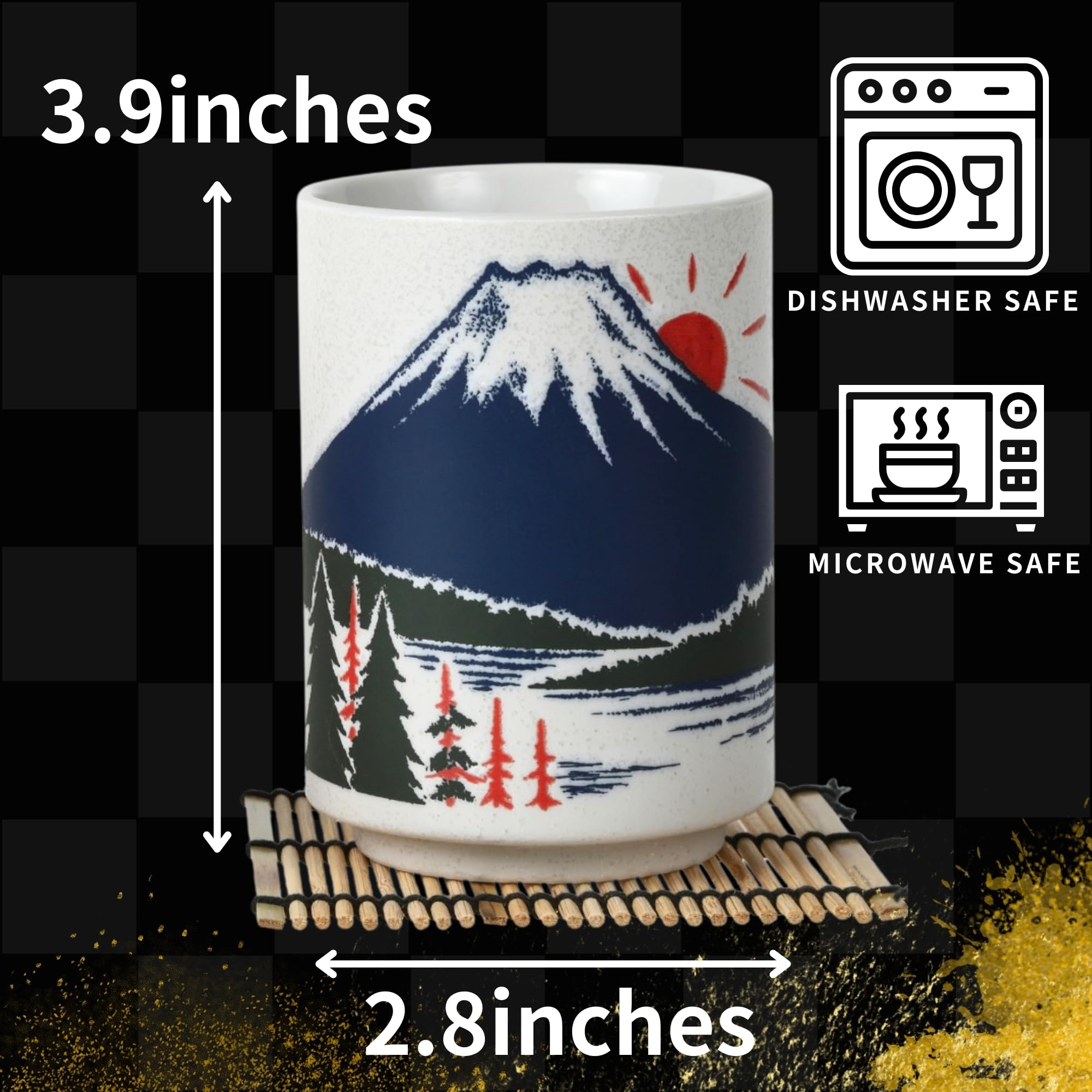 Love Love Japan Japanese Tea Cups Sushi-Yunomi Mino Ware With Bamboo Coaster (Set Of 2) (Mt. Fuji)