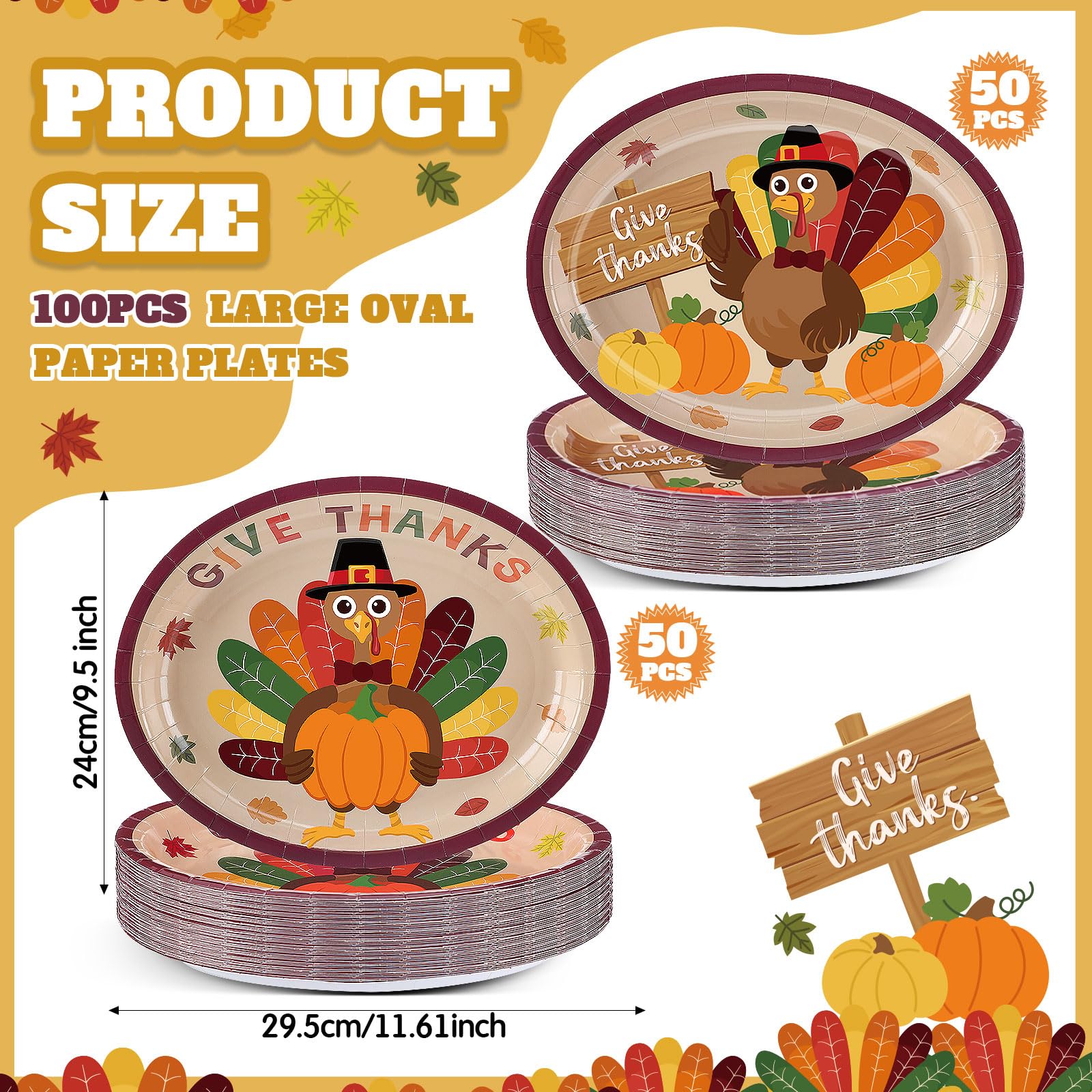 Pajean 100 Pcs Thanksgiving Paper Plates Bulk Fall Oval Dinner Plates 9 x 11 Large Turkey Autumn Leaves Pumpkin Disposable Table