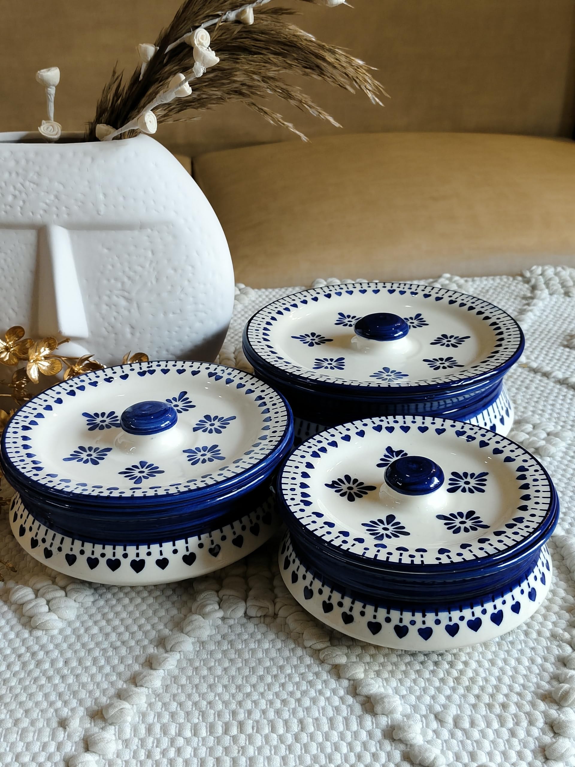 Niyara Stoneware Handmade Ceramic Handpainted Multipurpose Storage Ceramic Jars & Containers With Lid Microwave Dishwasher Safe(