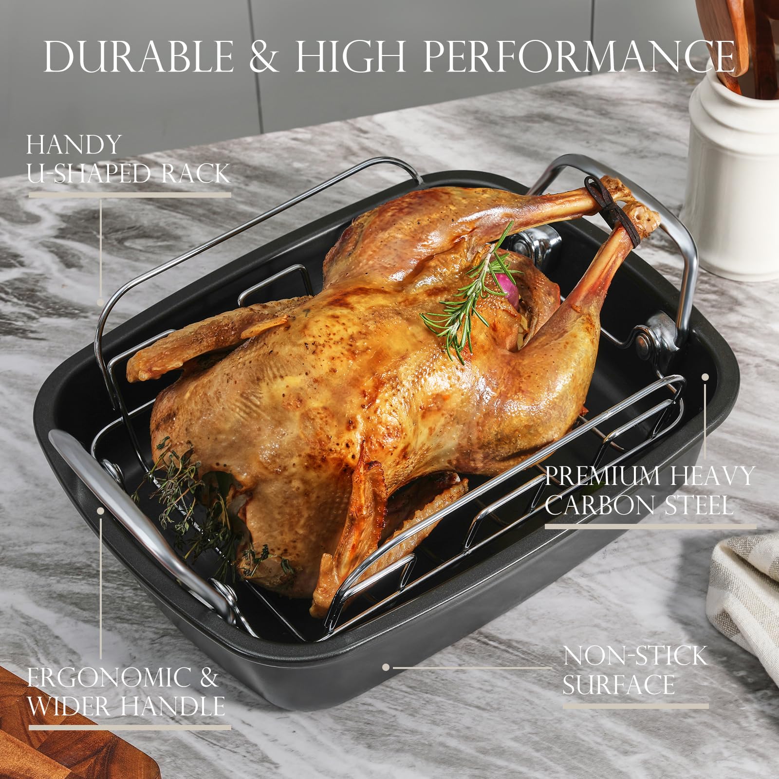 Kitessensu Nonstick Turkey Roasting Pan With Rack 17 X 14 Inch - Large Chicken Roaster Pan For Oven - Wider Handles & Heavy Duty