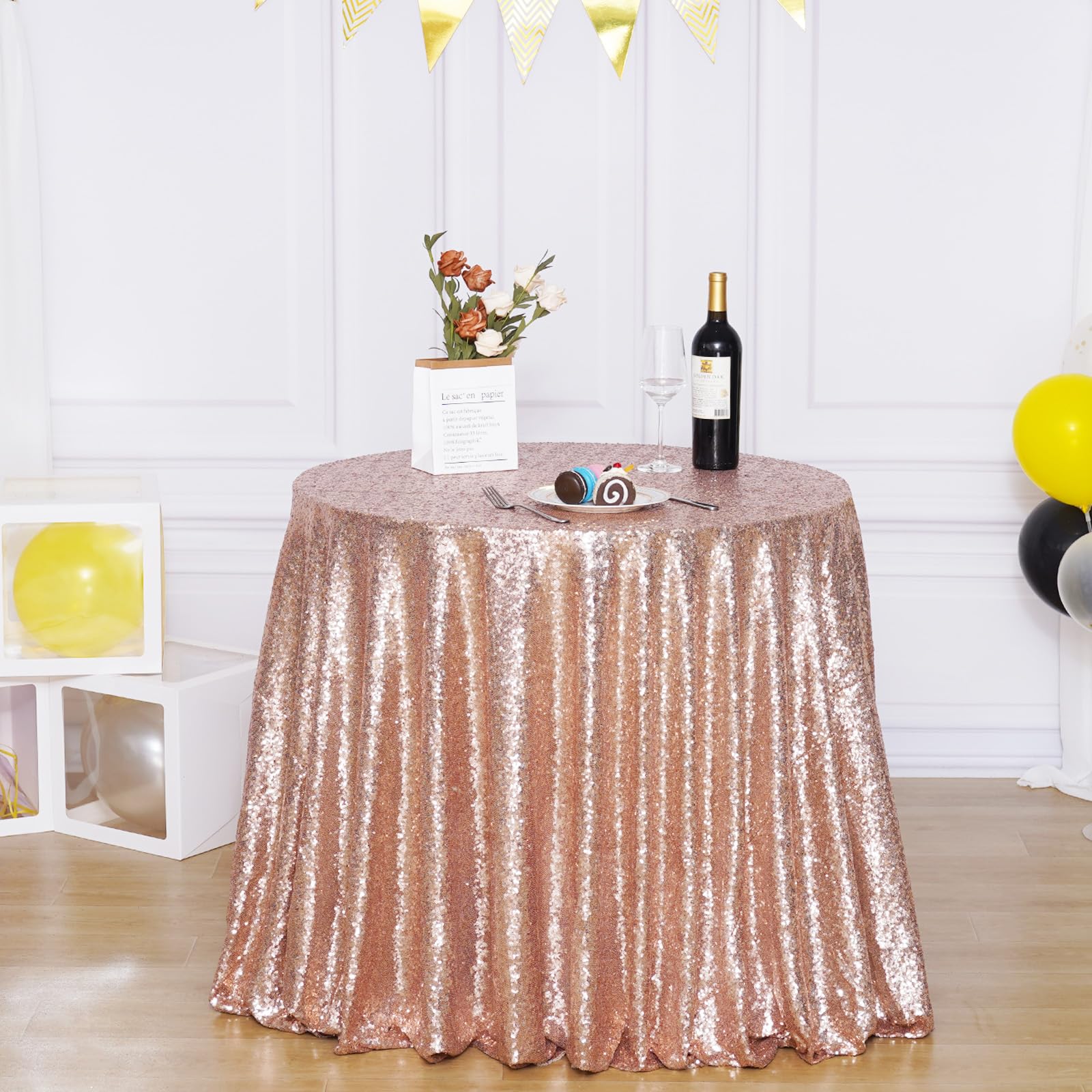 Poise3Ehome 70 Inch Round Rose Gold Sequin Tablecloth For Party Cake Dessert Table Exhibition Events