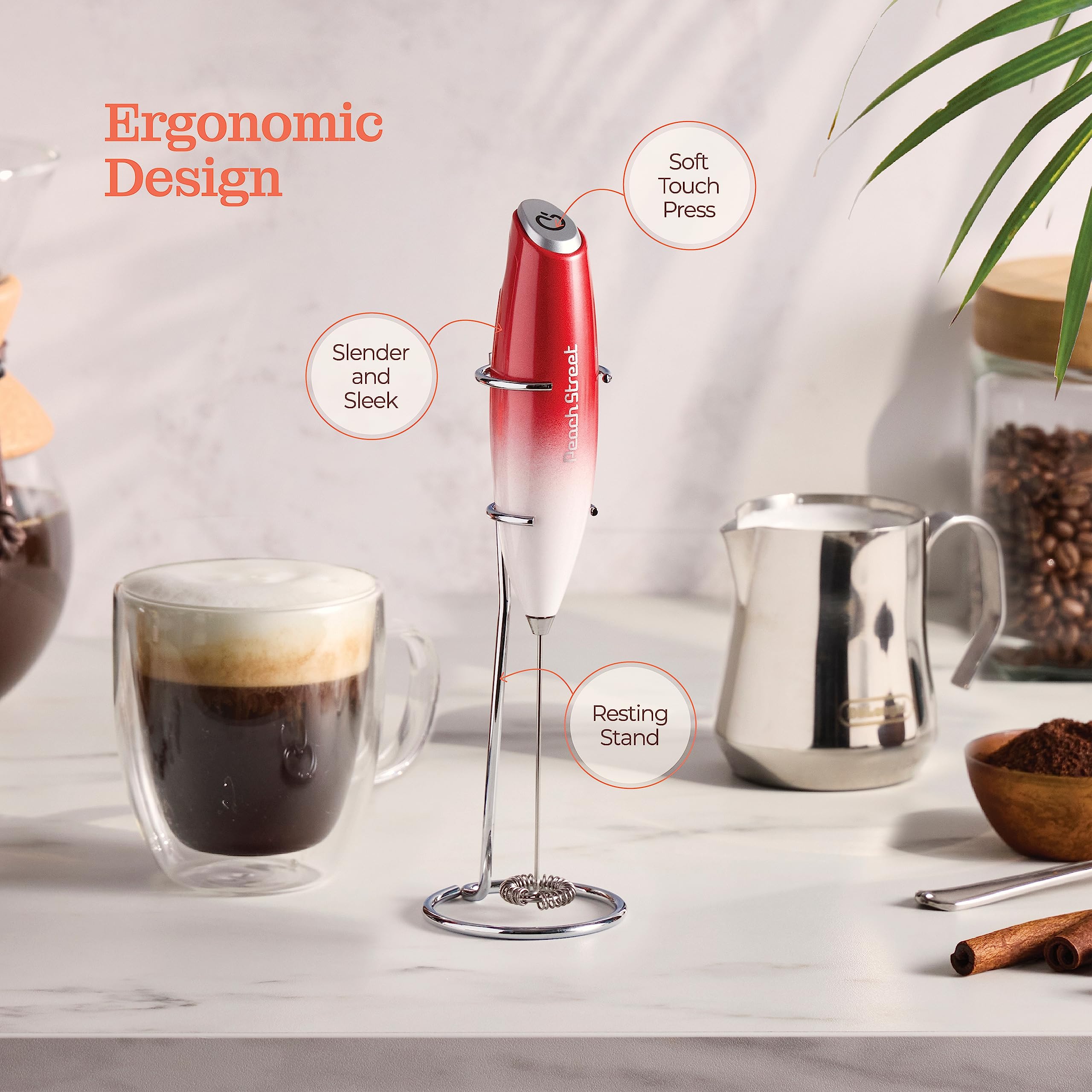 Powerful Handheld Milk Frother, Mini Milk Foamer, Battery Operated (Not included) Stainless Steel Drink Mixer with Stand for Cof