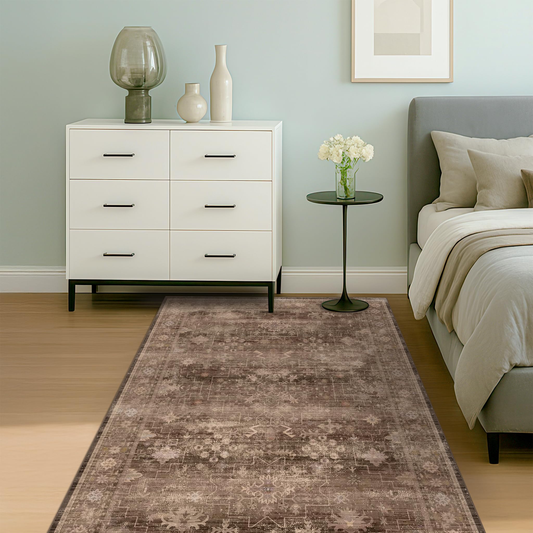 Hazo Haus Taupe Brown 5x8 Rug for Living Room - Vintage Traditional Dark Neutral Geometric, Washable Foldable Non-Slip Area Rugs