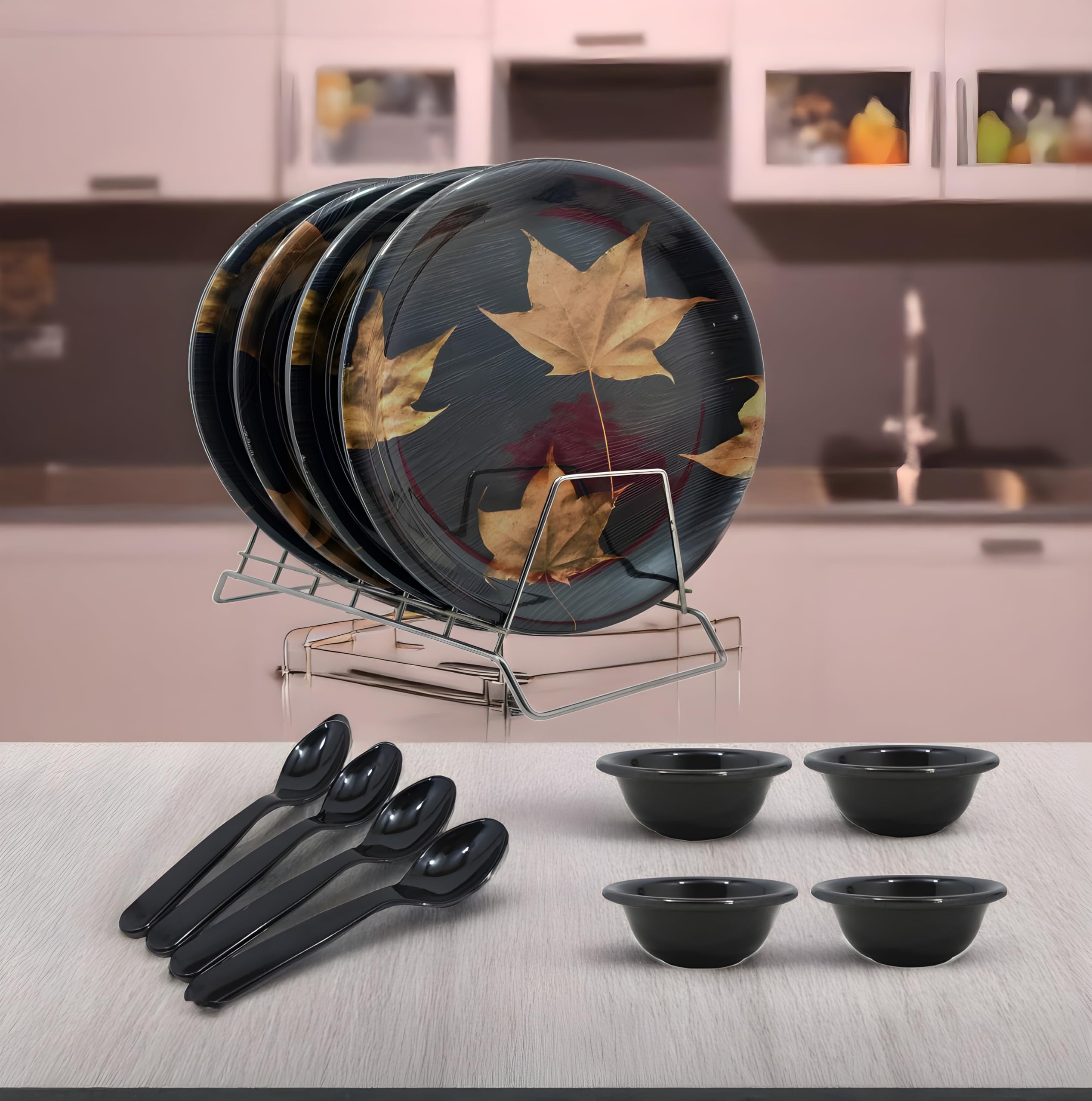 Inpro Melamine Round Dinner Set For 12 Pcs Contains 4 Full Plates, 4 Bowls & 4 SpoonsPerfect Kitchen Utensils Set For Family Me