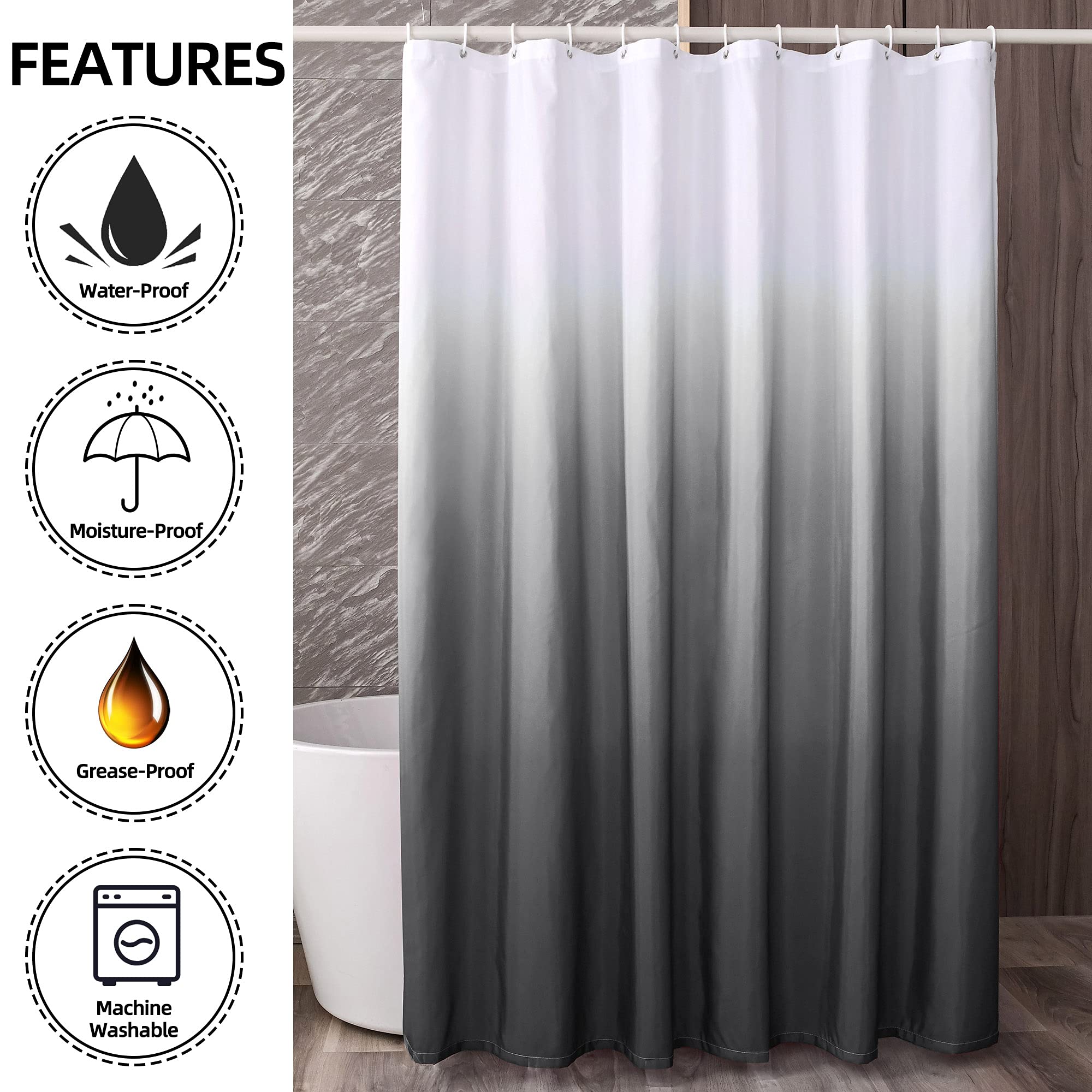 YI & ZE Black Ombre Shower Curtain Sets for Bathroom Accessories Fabric Polyester Waterproof Modern Shower Curtain Liner with 12 Hooks W72xL72