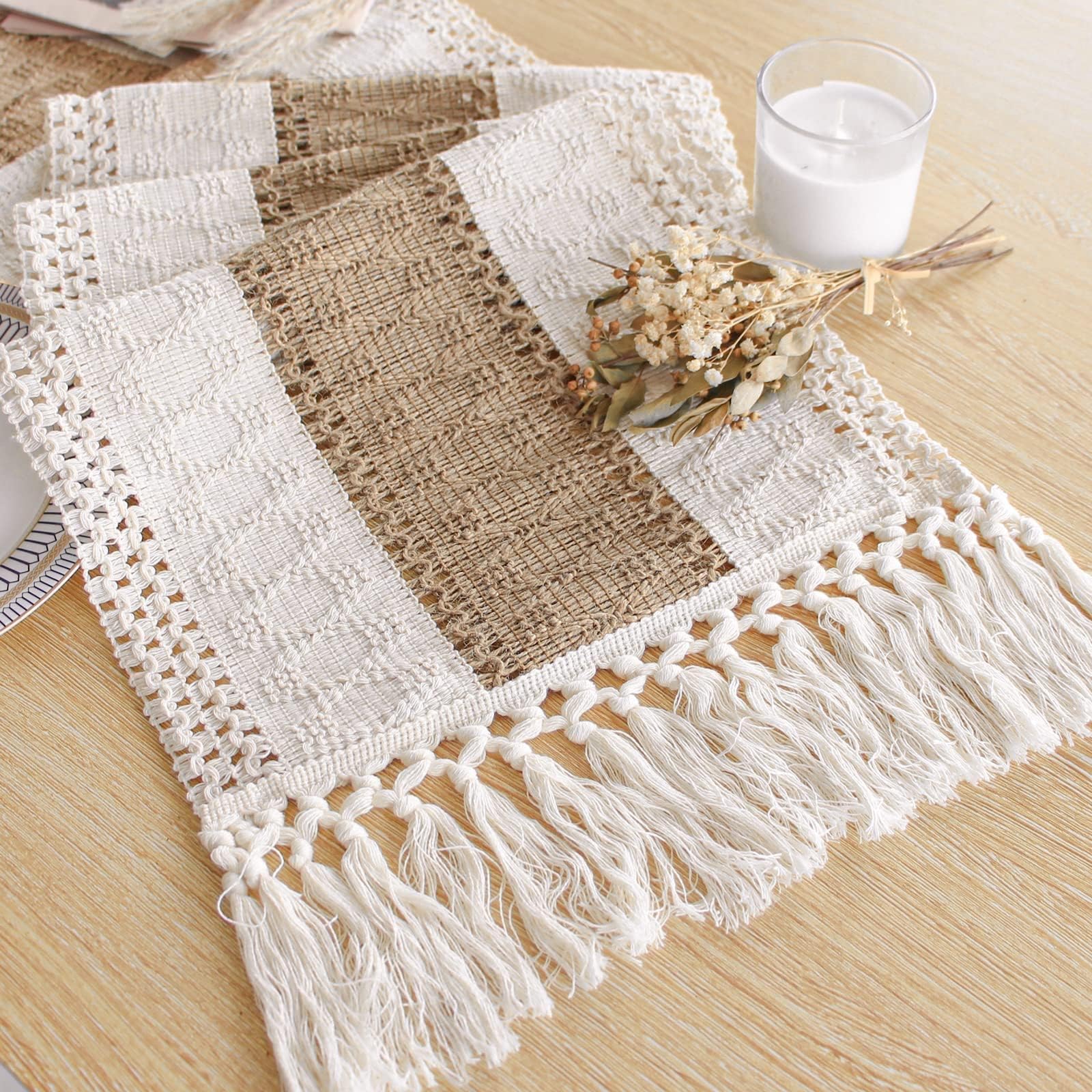 Fexia Boho Table Runner For Summer Home Decor 72 Inches Long Farmhouse Rustic Table Runner Cream & Brown Macrame Burlap Table De