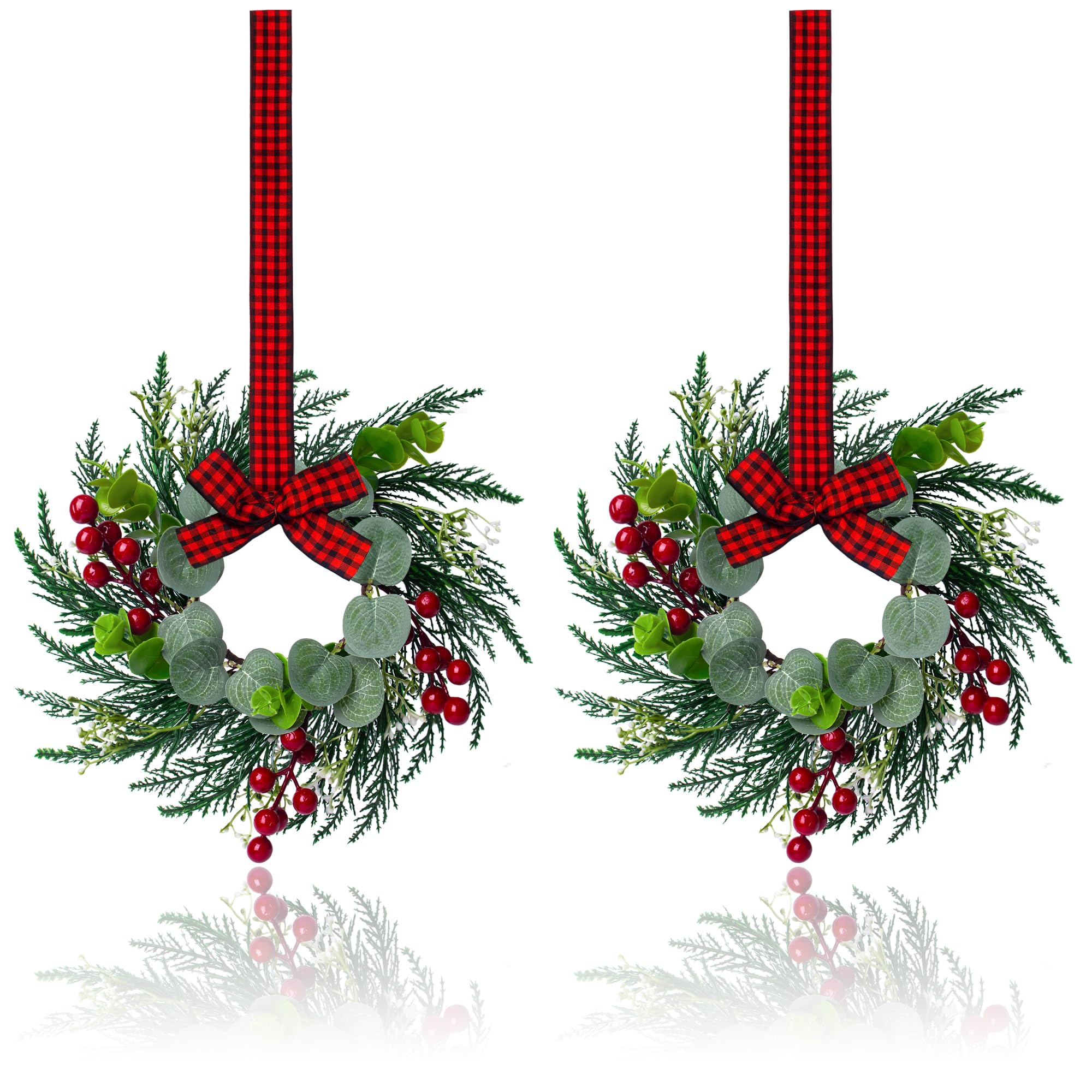 2Pcs Christmas Wreath, 10 Inch Mini Wreaths for Kitchen Cabinets, Christmas Door Wreath, Small Christmas Wreath for Fireplace Wi