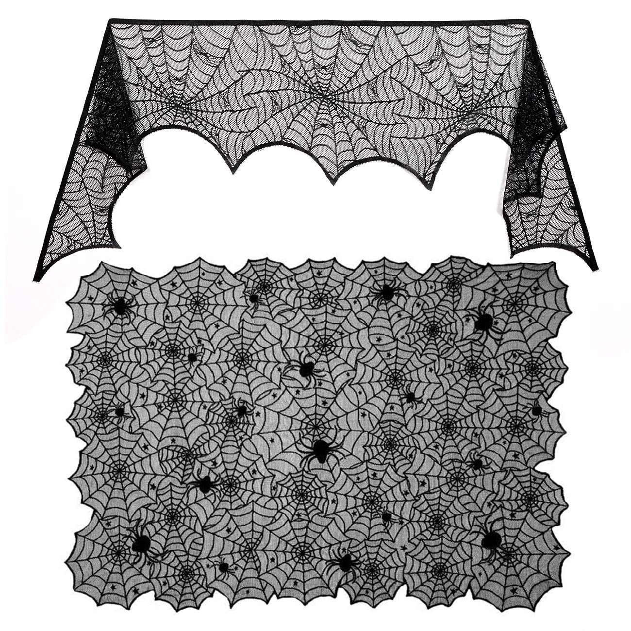 Sunnyglade Halloween 18''X96'' Lace Spiderweb Fireplace Mantle Cover Fireplace Scarf & 54''X72'' Rectangular Black Spider Web La