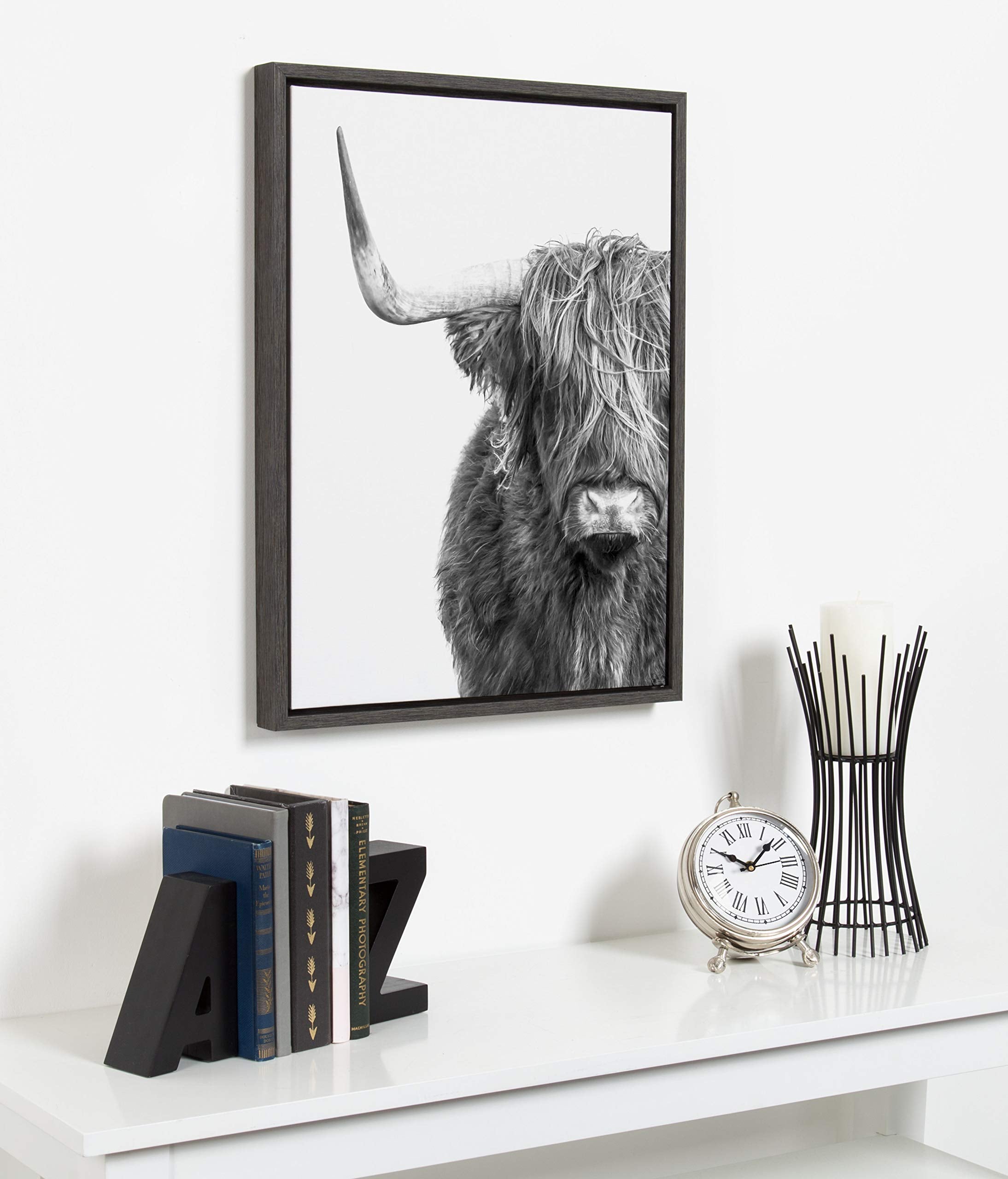 Kate And Laurel Sylvie Highland Cow Black And White Portrait Framed Canvas By Amy Peterson, 18X24 Gray, Adorable Wall Decor For