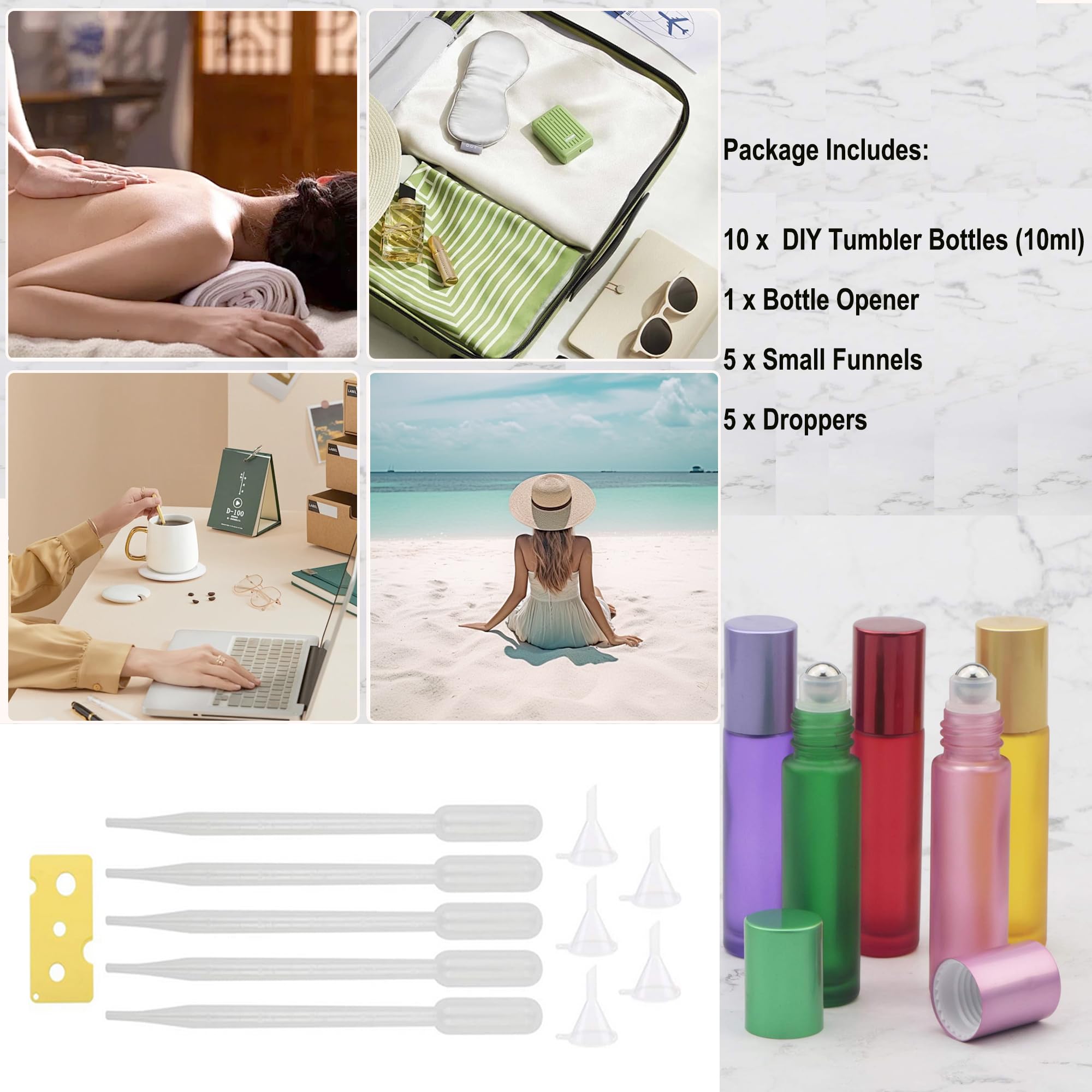 Jiuwu 10Pcs 10Ml 1/3 Oz Essential Oils Stainless Steel Roller-On Bottles Refillable Perfume Organic Beauty Stainless Steel Frost