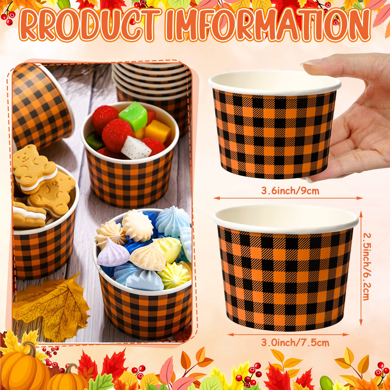 Potchen 50 Pack 9 oz Fall Soup Bowls Disposable Paper Cups Fall Themed Disposable Dessert Bowls Gingham Paper Snack Cups for Hot