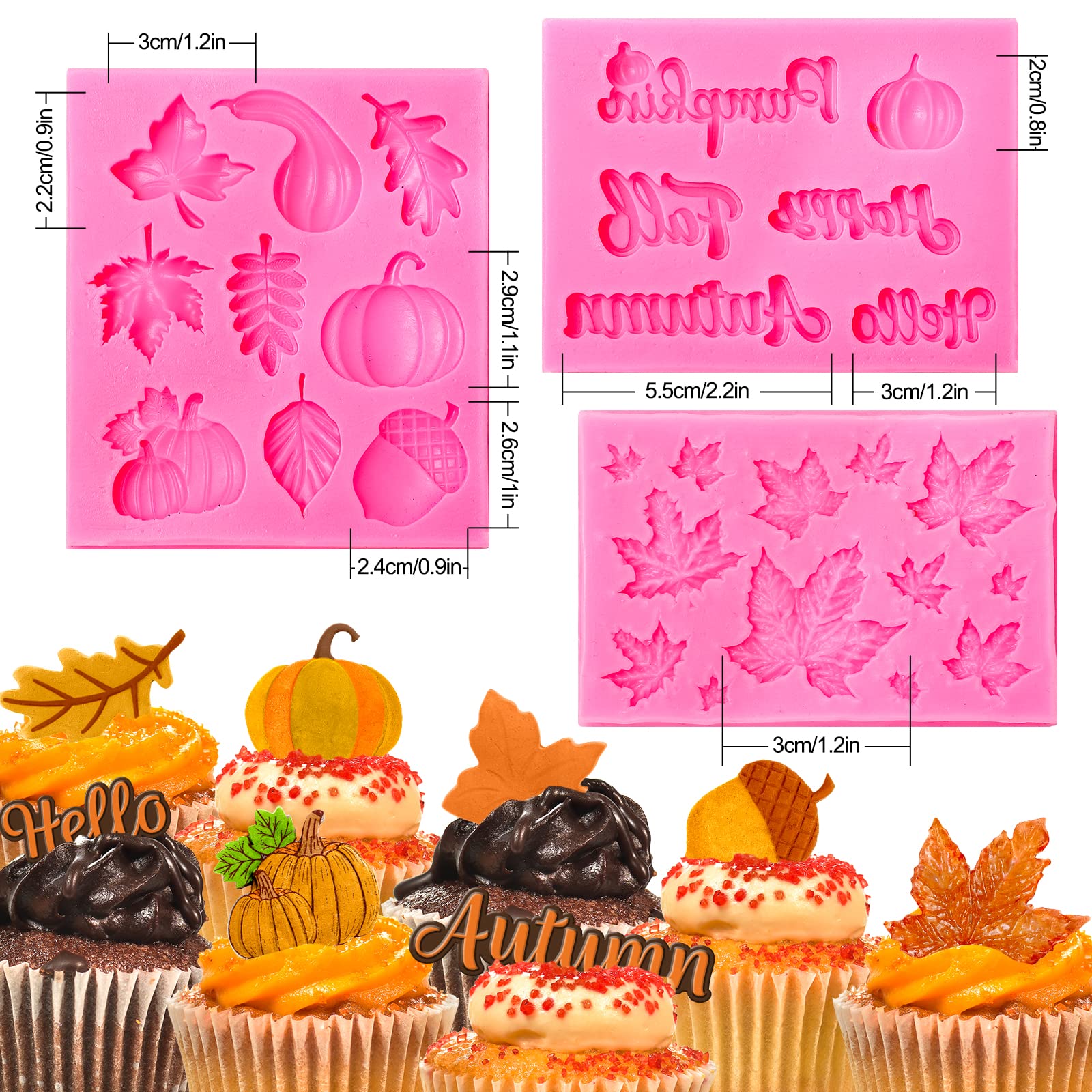 Whaline 3 Pack Fall Fondant Molds Autumn Pumpkin Maple Leaves Silicone Molds Hello Fall Candy Resin Chocolate Baking Mold For Au