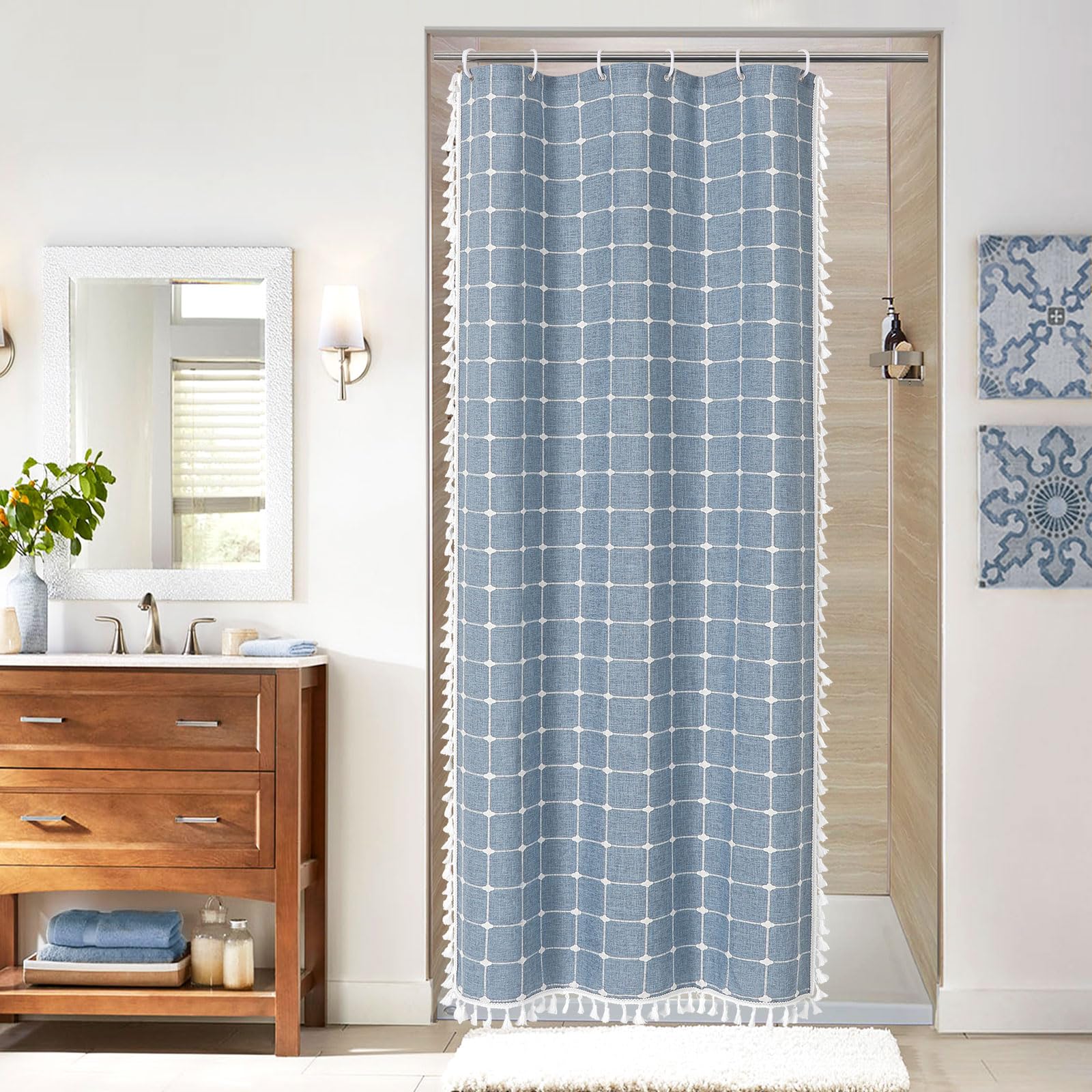 MitoVilla Boho Small Stall Shower Curtain 36 x 72, Blue Narrow Cotton Linen Fabric Shower Curtains for Farmhouse Bathroom Decor,