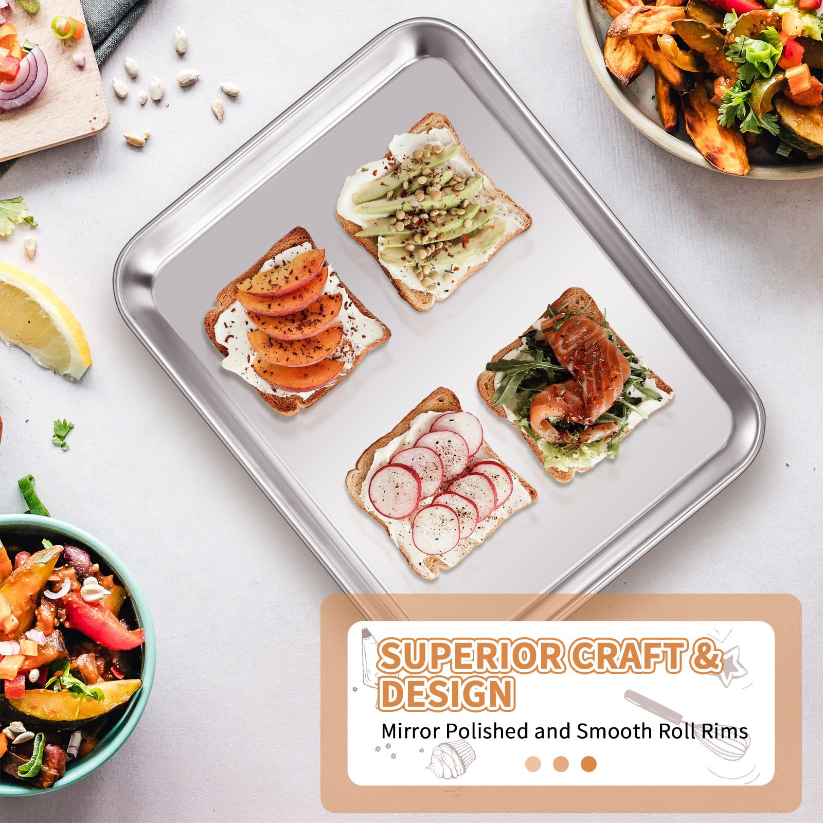 Deedro Stainless Steel Baking Sheet Set of 2, 10x8 Inch, Non-Toxic, Heavy Duty, Rust-Free, Dishwasher Safe, Silver