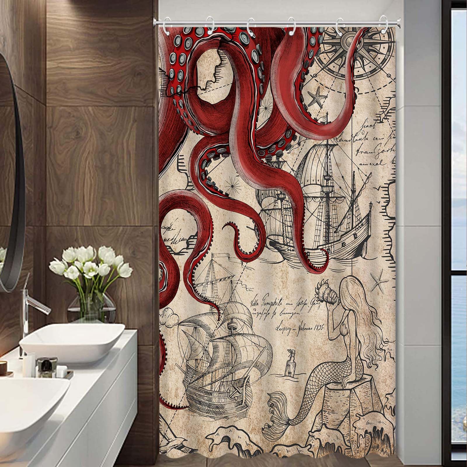 Fungarth Stall Vintage Red Nautical Octopus Shower Curtain Mermaid Funny Ocean Kraken Shower Curtains For Bathroom Cool Anchor C