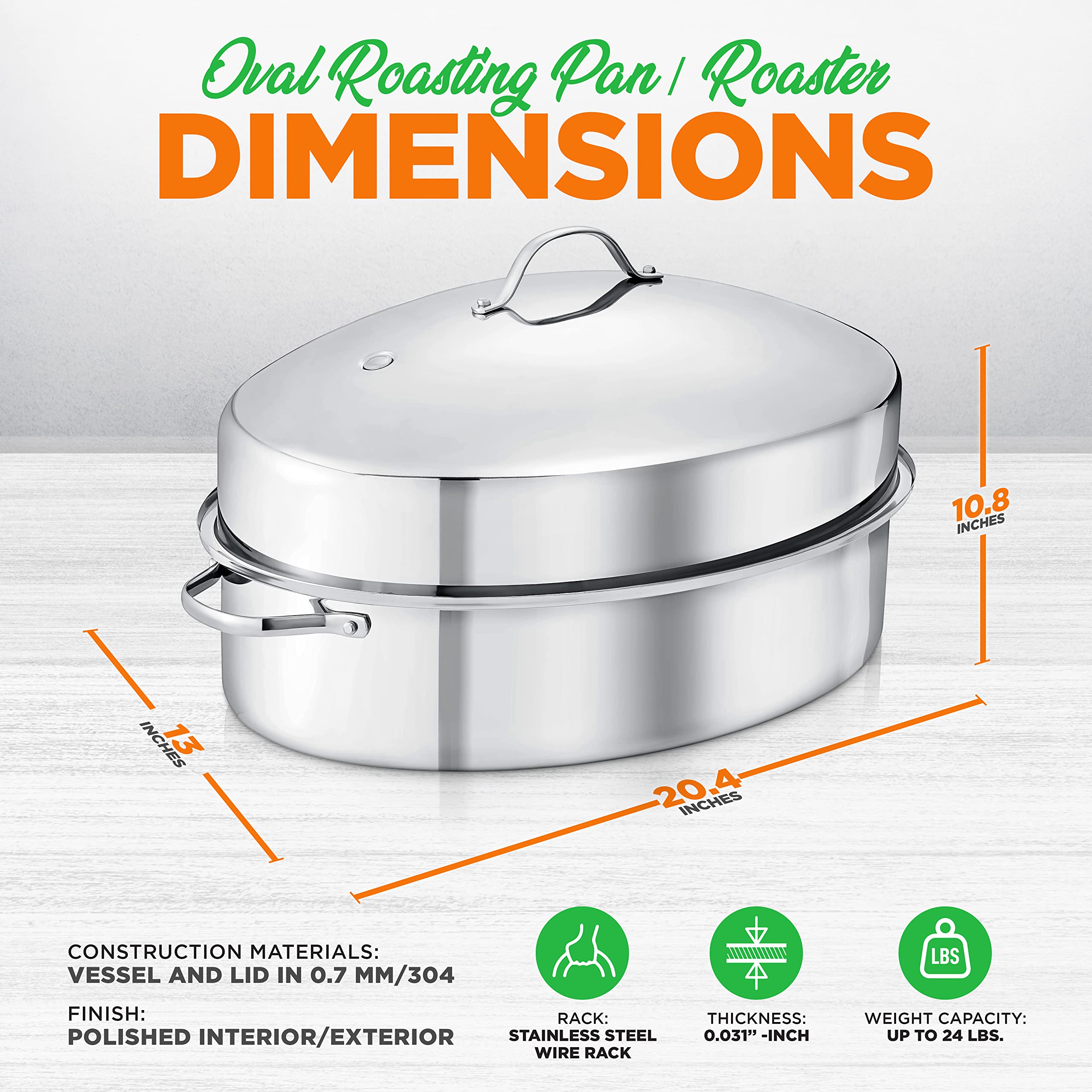 Nutrichef 20'' Oval Roasting Pan With Rack And Lid - Premium Stainless Steel Roaster Dish W/ Wide Handles & Removable Rack, Mult
