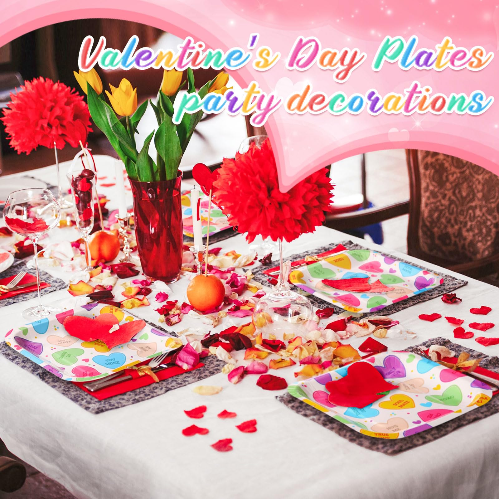 Potchen 100 Pcs Valentine'S Day Dessert Plates Bulk 7 X 7 Inch Conversation Heart Paper Plates Disposable Heart Square Paper Pla