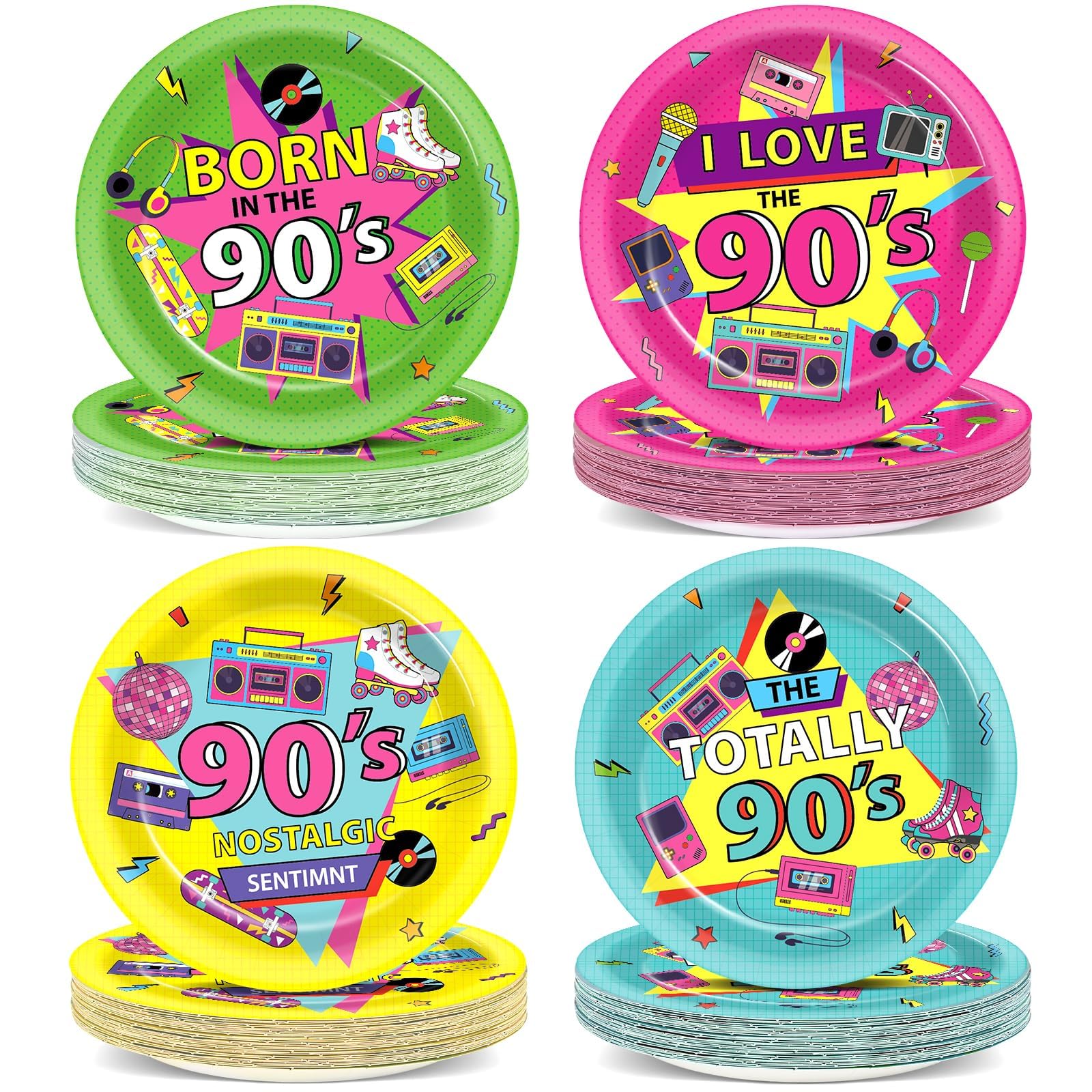 Chunnin 48Pcs 90'S Birthday Party Paper Retro I Love The 90S Themed Party Supplies 7'' Back To The 1990'S Music Birthday Party D