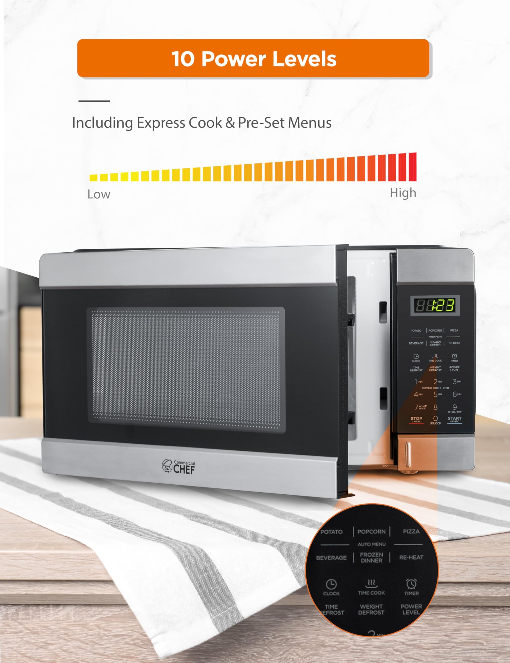 Commercial Chef Countertop Microwave, 11 Cubic Feet, Black With Stainless Steel Trim