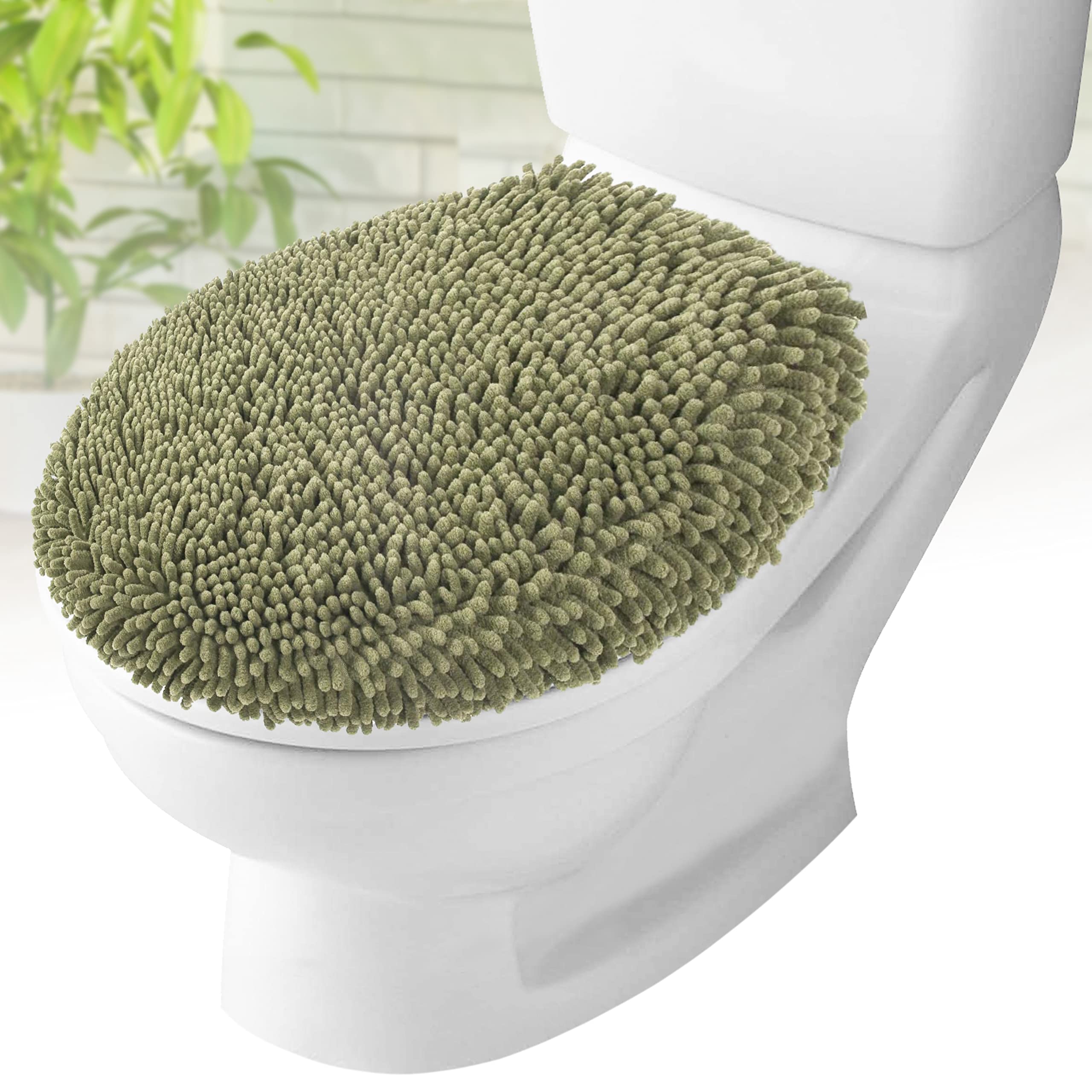 Mayshine Plush Shaggy Standard Toilet Seat Lid Cover (Sage Green) | Fuzzy Chenille Microfiber, Fluffy Soft Absorbent - Machine W