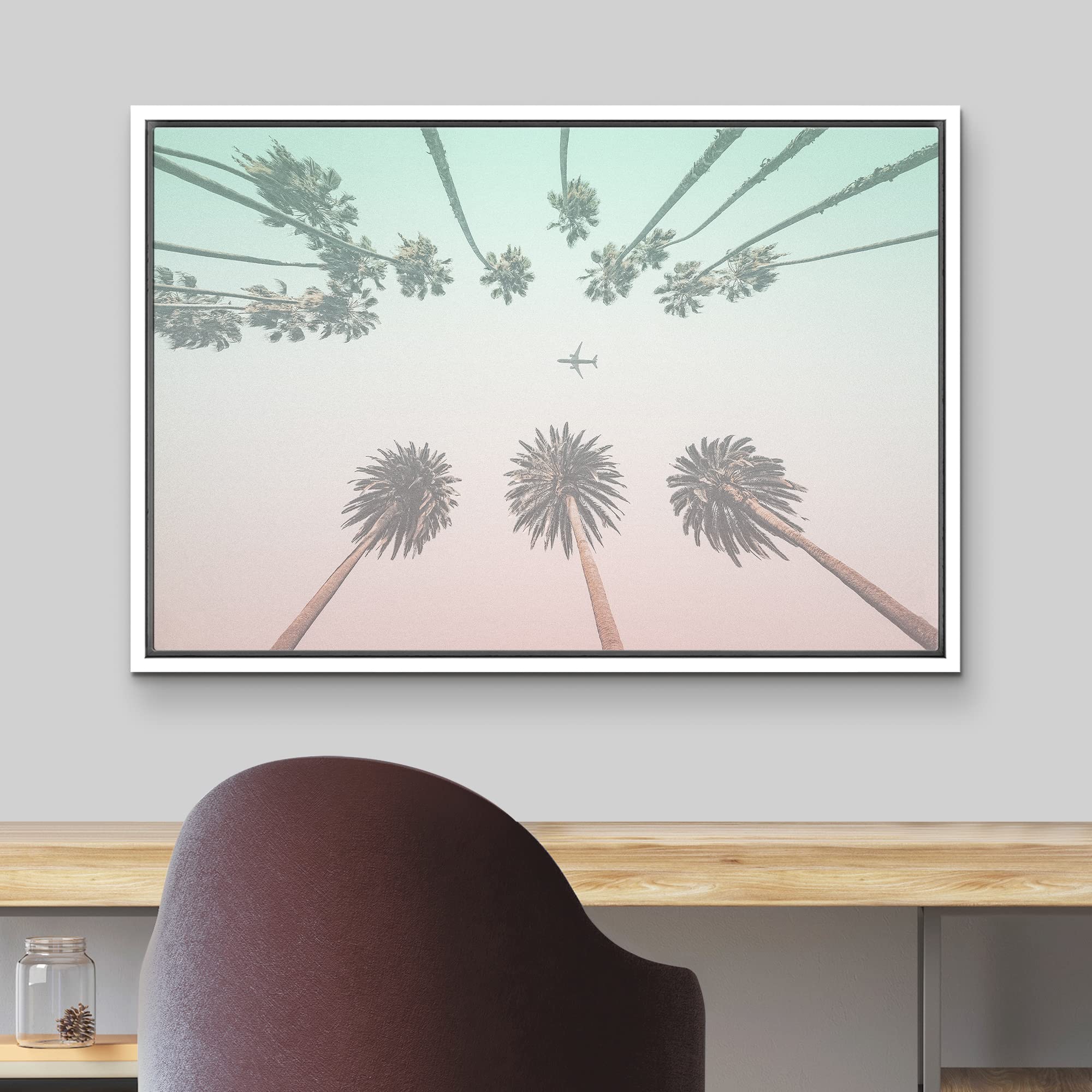 wall26 Framed Canvas Print Wall Art Duotone Teal & Pink Los Angeles Palm Trees Architecture & Maps Cities Photography Realism Scenic Colorful for Living Room  Bedroom  Office - 24''x36'' White