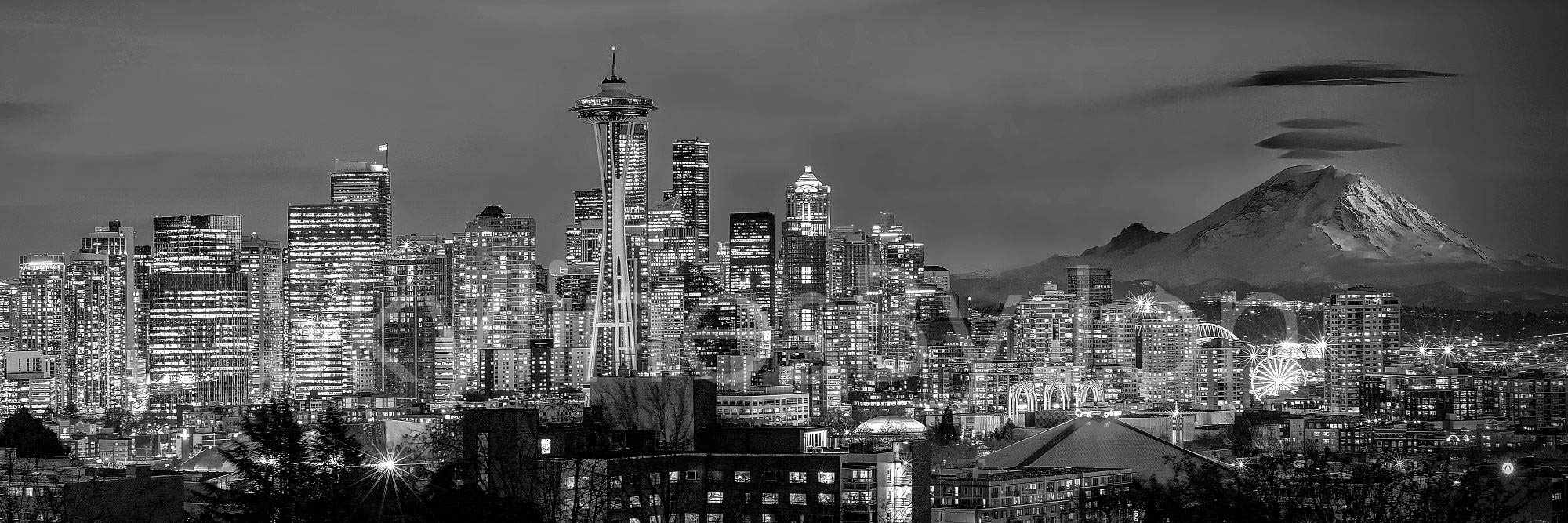Photosbyjon Seattle Skyline 2020 Photo Print Unframed Dusk Bw Black & White City Downtown 11.75 Inches X 36 Inches Rainier Photo