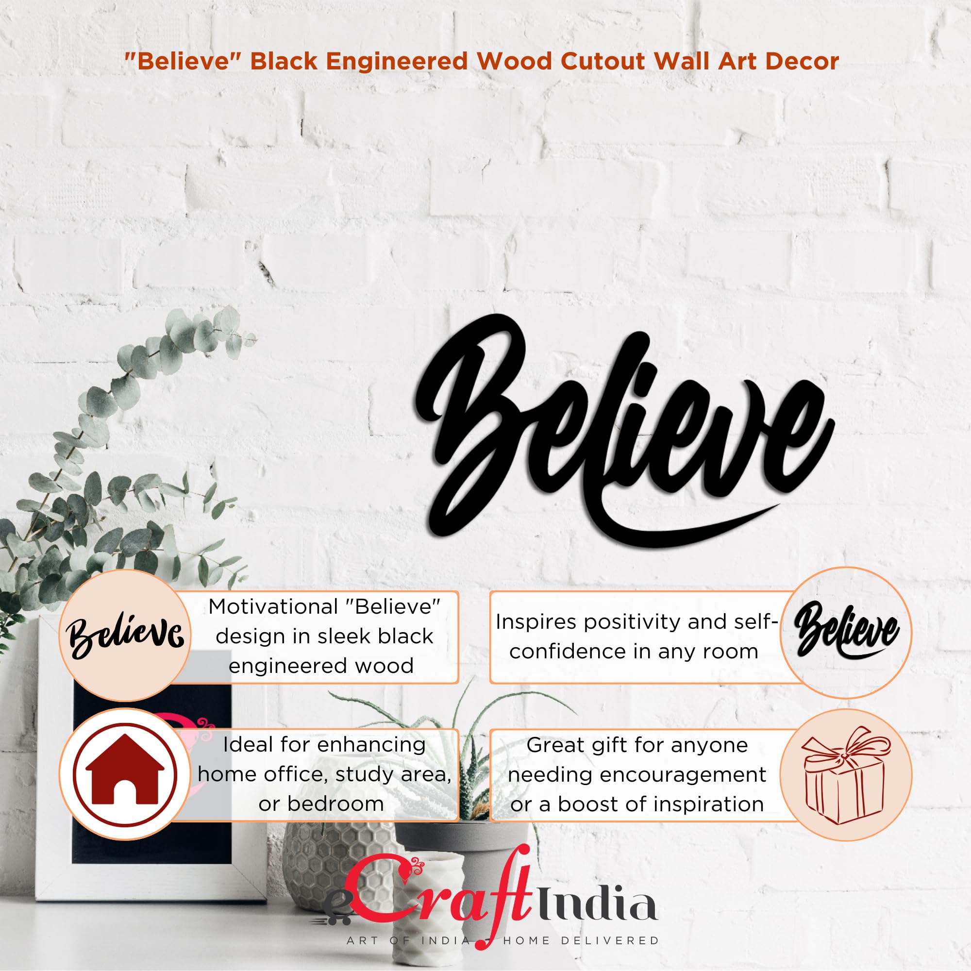 eCraftIndia Believe Black Engineered Wood Cutout Wall Art Decor- Wall Decoration Items-Wooden Wall Decor Item- Home Wall Decor f