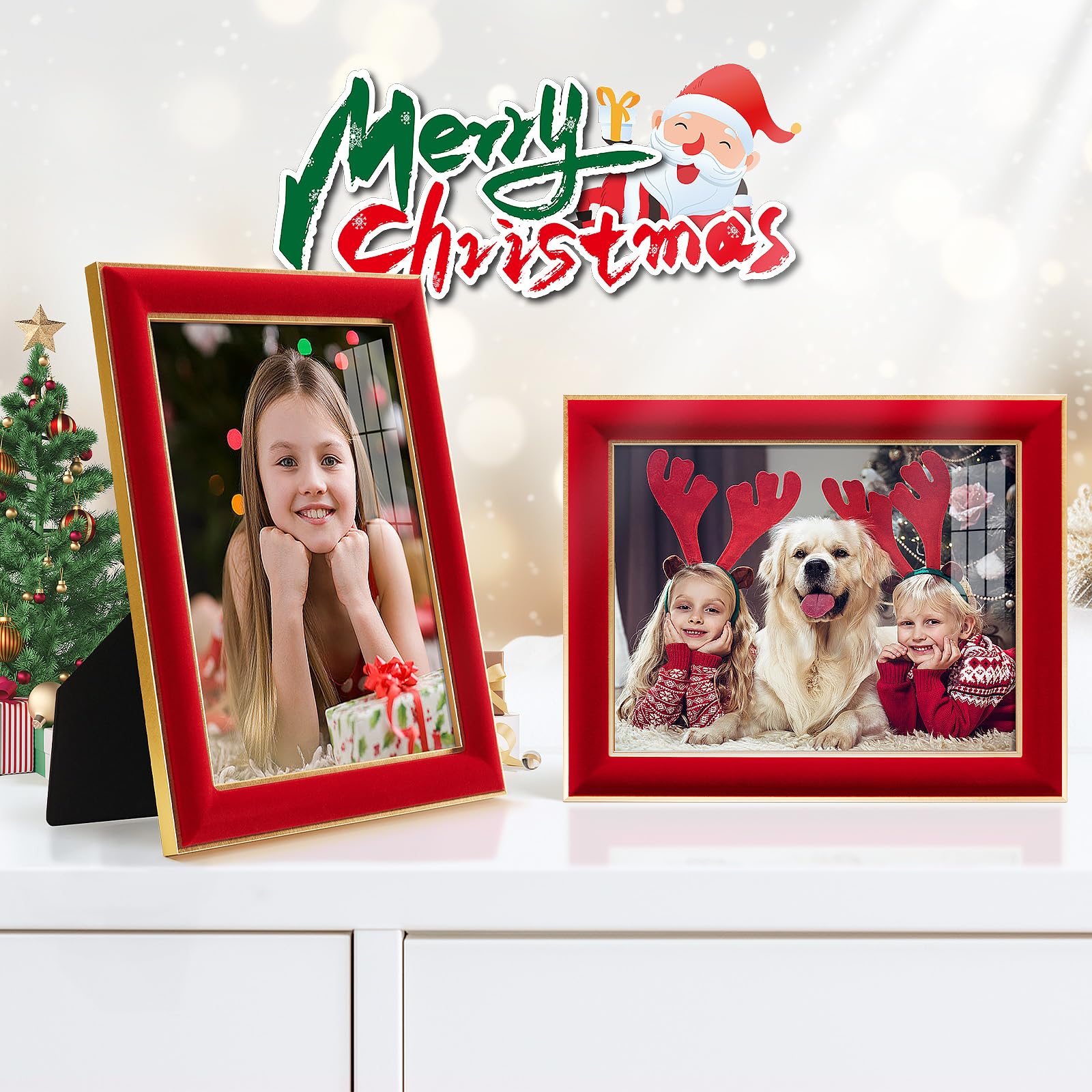 KSROECUD 8.5x11 Velvet Picture Frame with 2 Openings 5x7 Pictures, HD Real Glass Red Velvet Photo Frame with Black White Border