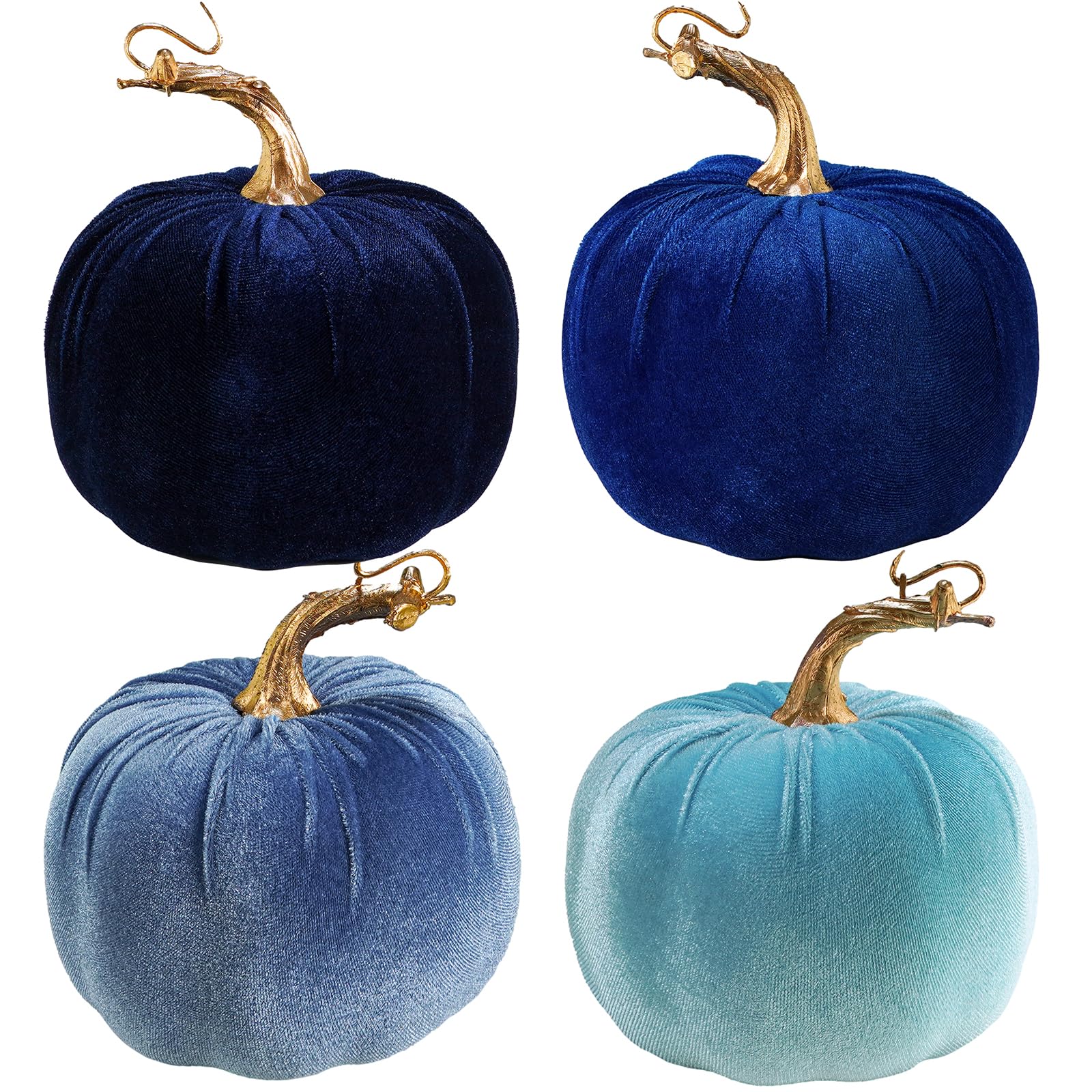 Winlyn 4 Pcs Assorted Blue Faux Velvet Pumpkins Decorative Harvest Pumpkins Fabric Foam Pumpkins for Farmhouse Fall Wedding Hall