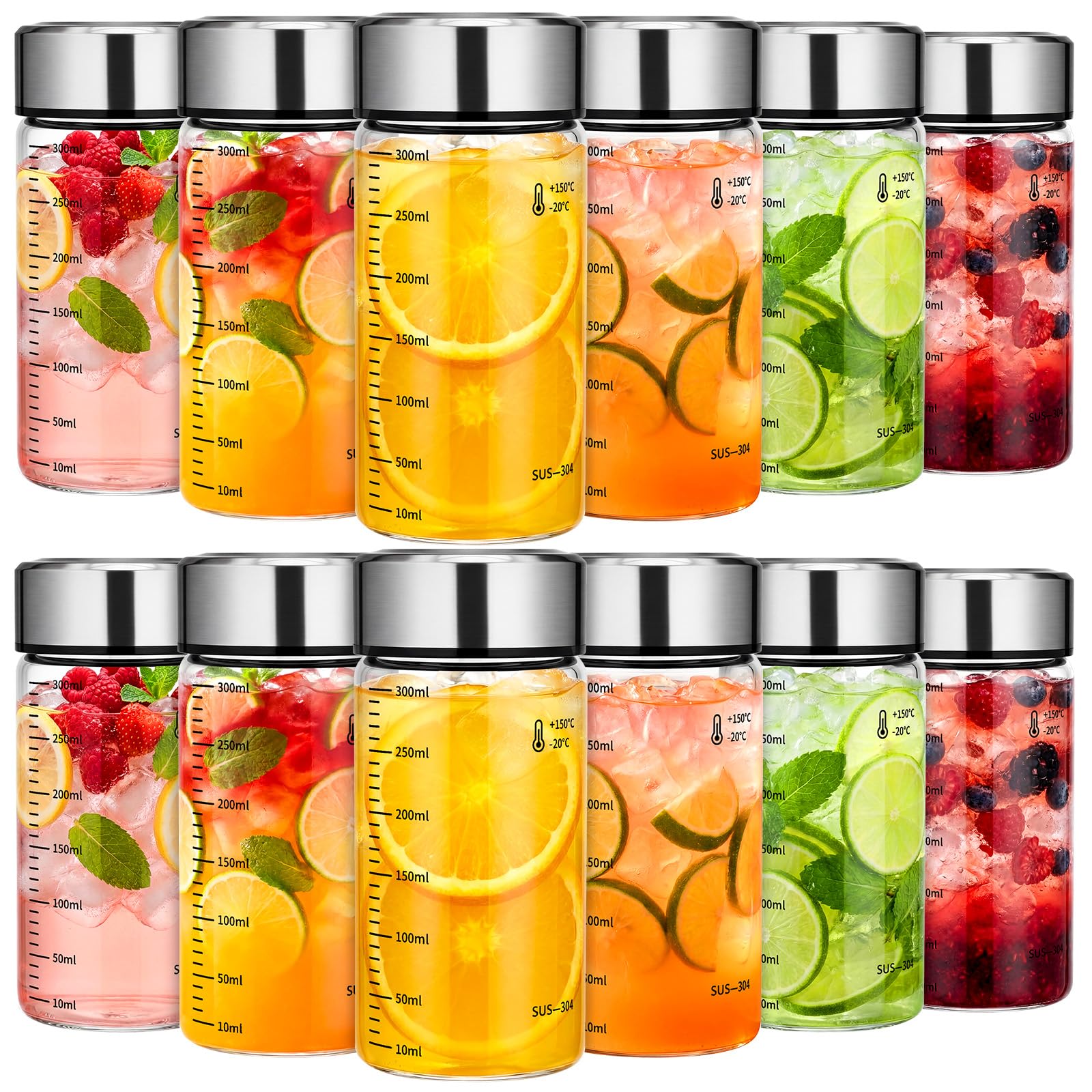 LemonRoad 12 Pack 10 oz Glass Juice Bottles Bulk Scale Wide Mouth Glass Water Bottles with Leakproof Stainless Steel Lids, Boros