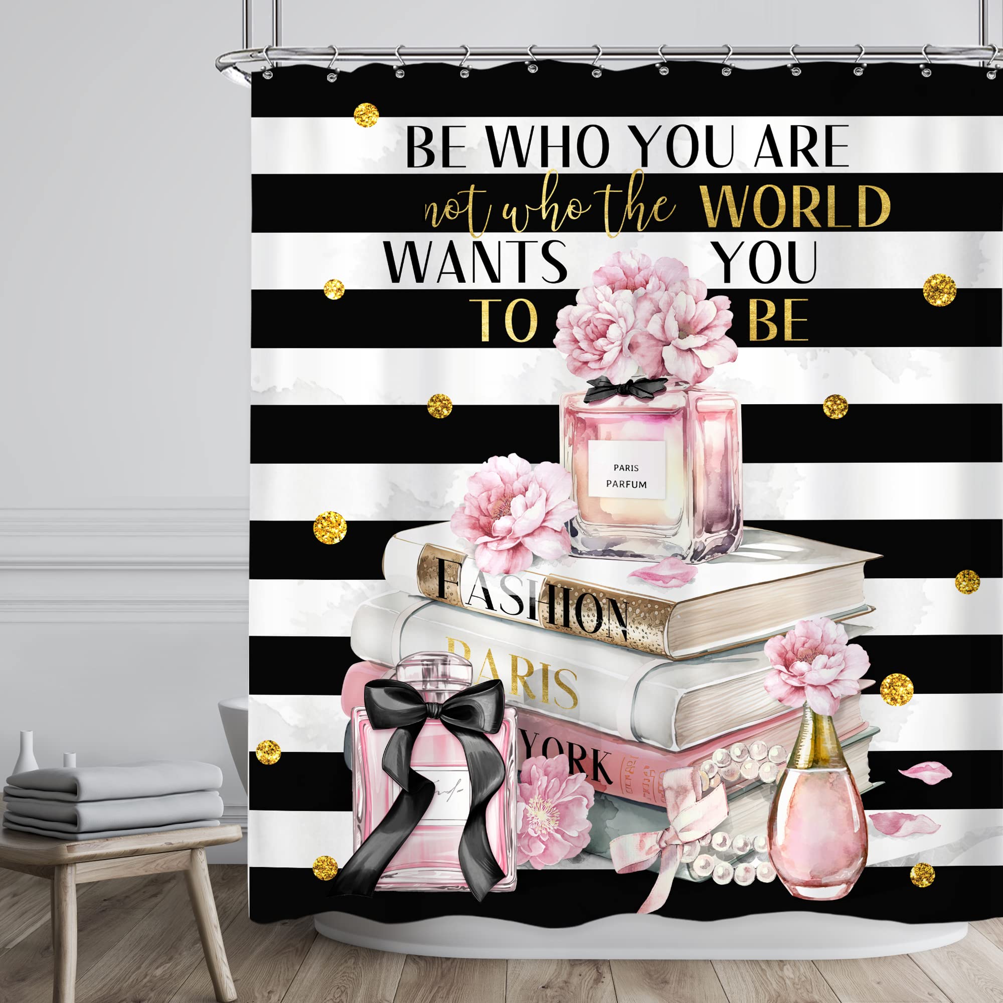 Riyidecor Pink Shower Curtain 60Wx72H Inch Fashion Shower Curtain Modern Woman Girl Black and Pink Magazine Books Perfume Striped Flowers Bathroom Decor Fabric Polyester Waterproof 12 Pack Hooks