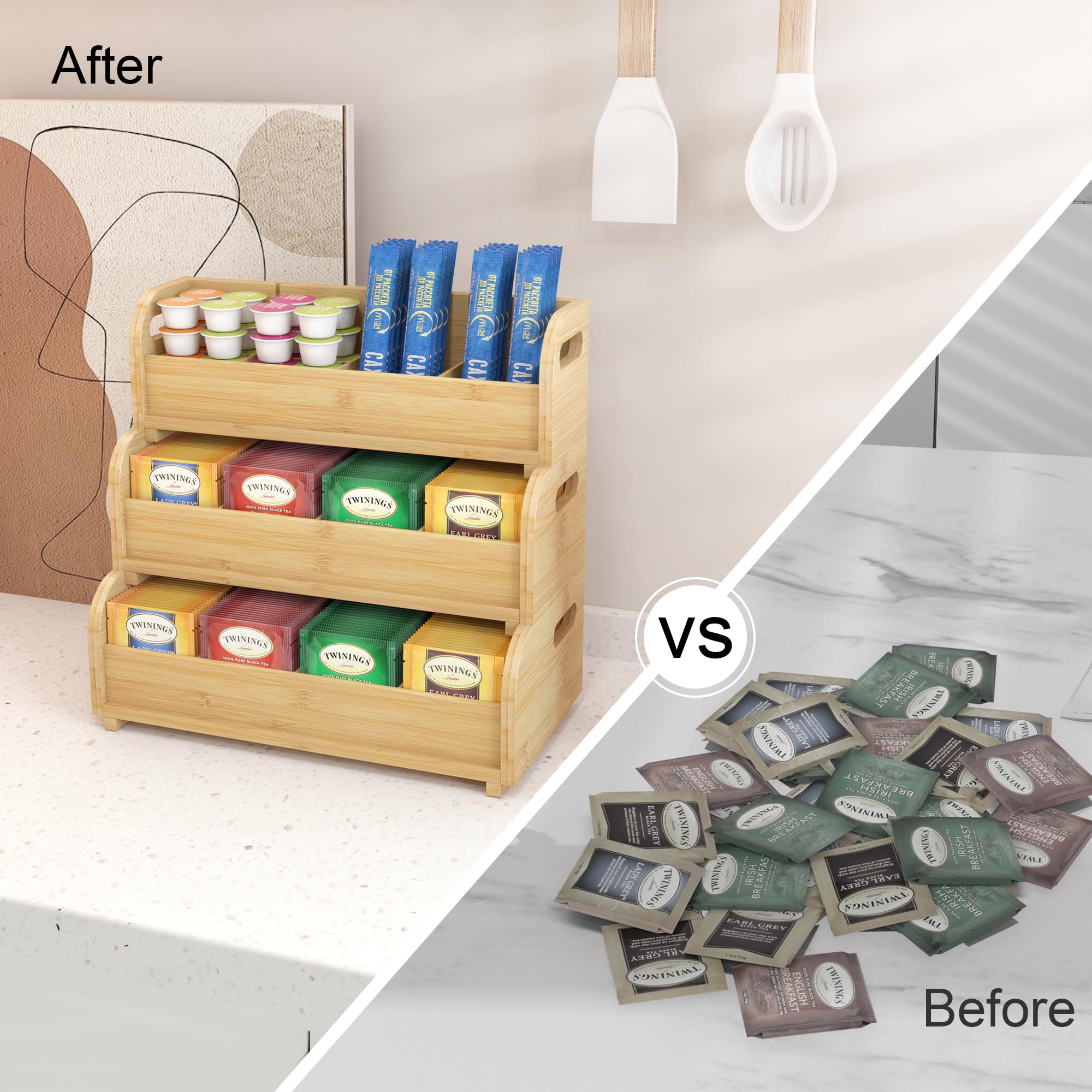 Tea Holder For Tea Bags Organizer - Bamboo Tea Organizer For Tea Bags 3-Tier Stackable Wall Mount Large Capacity Tea Storage Box