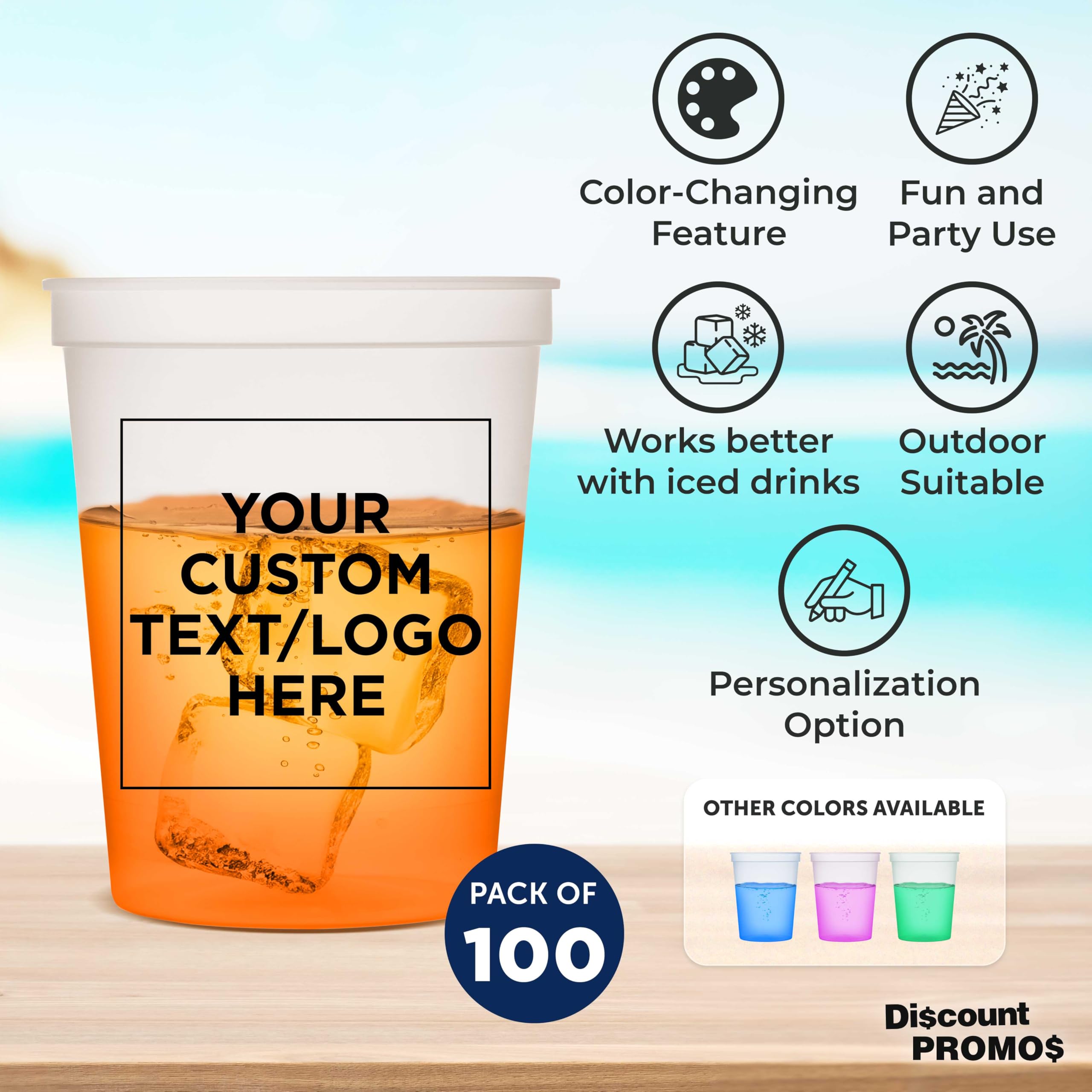 Custom Color Changing Plastic Cups 16 Oz. Set Of 100, Personalized Bulk Pack - Reusable, Perfect For Birthdays, Weddings, Picnic