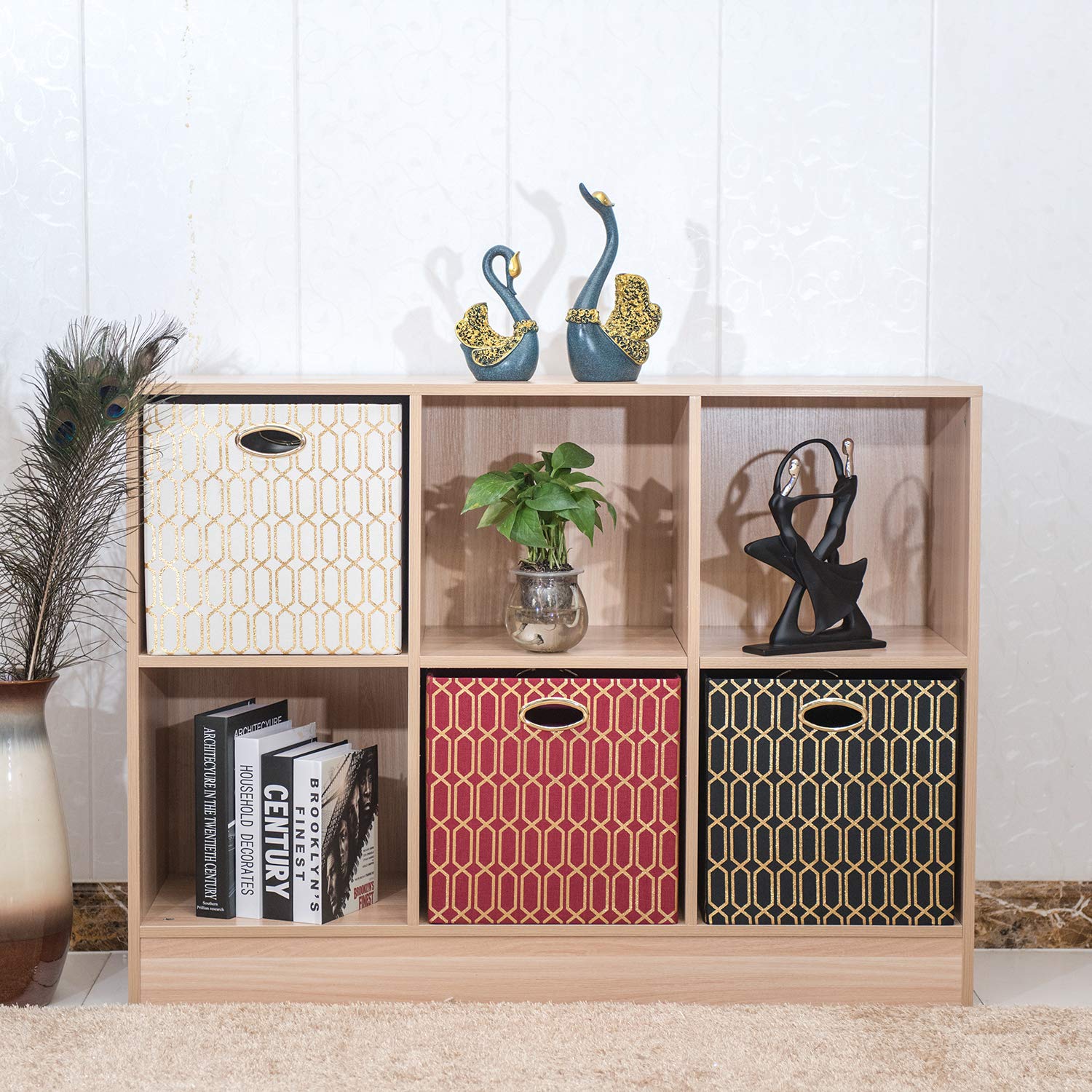 Storage Bins, Storage Cubes, Posprica 11  11 Fabric Drawers Organizer Basket Boxes Containers (11  11  11/4Pcs, Cream/Gold Geome