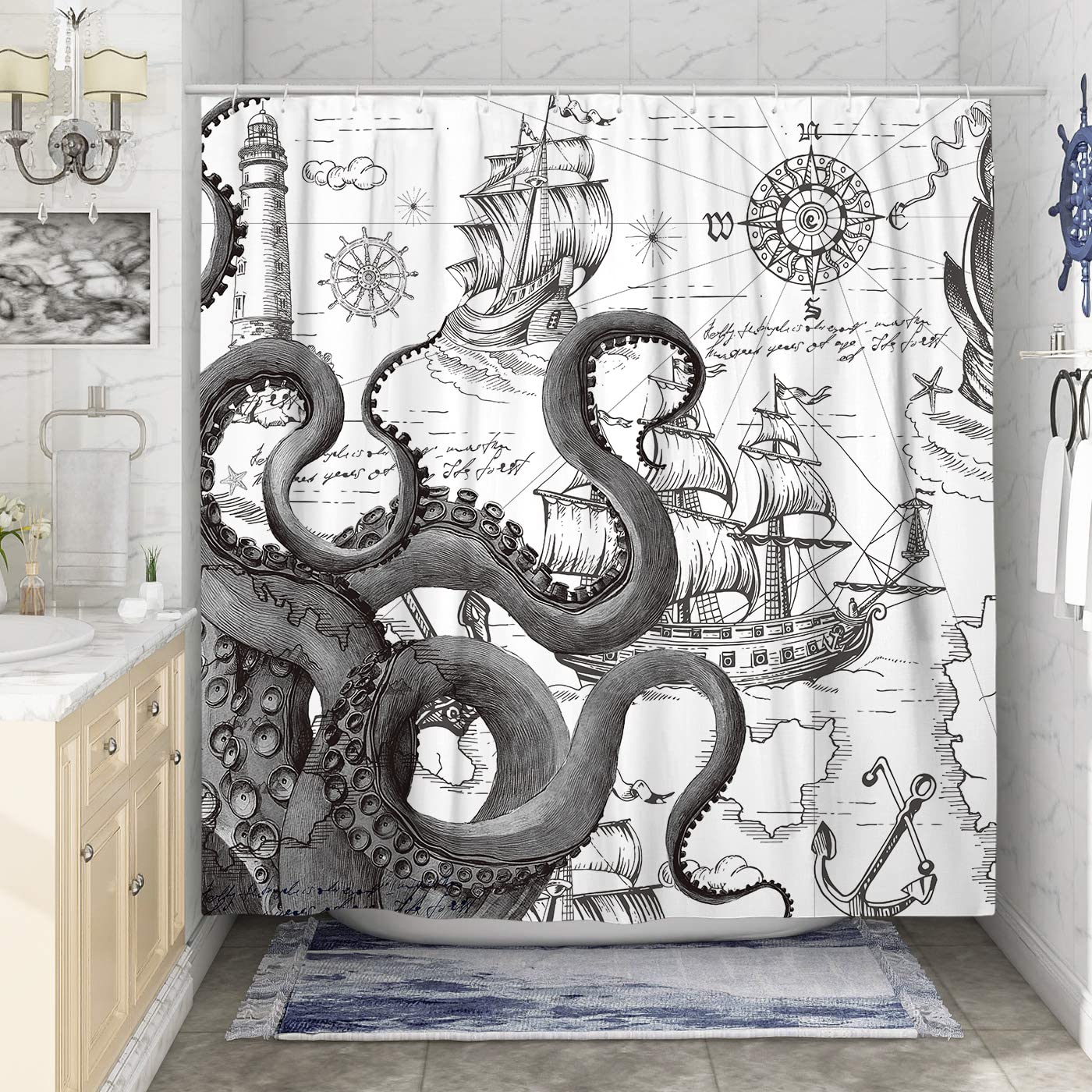 Desihom Gray Nautical Octopus Shower Curtain Set, Funny Ocean Kraken Shower Curtains For Bathroom, Beach Coastal Pirate Map Deco