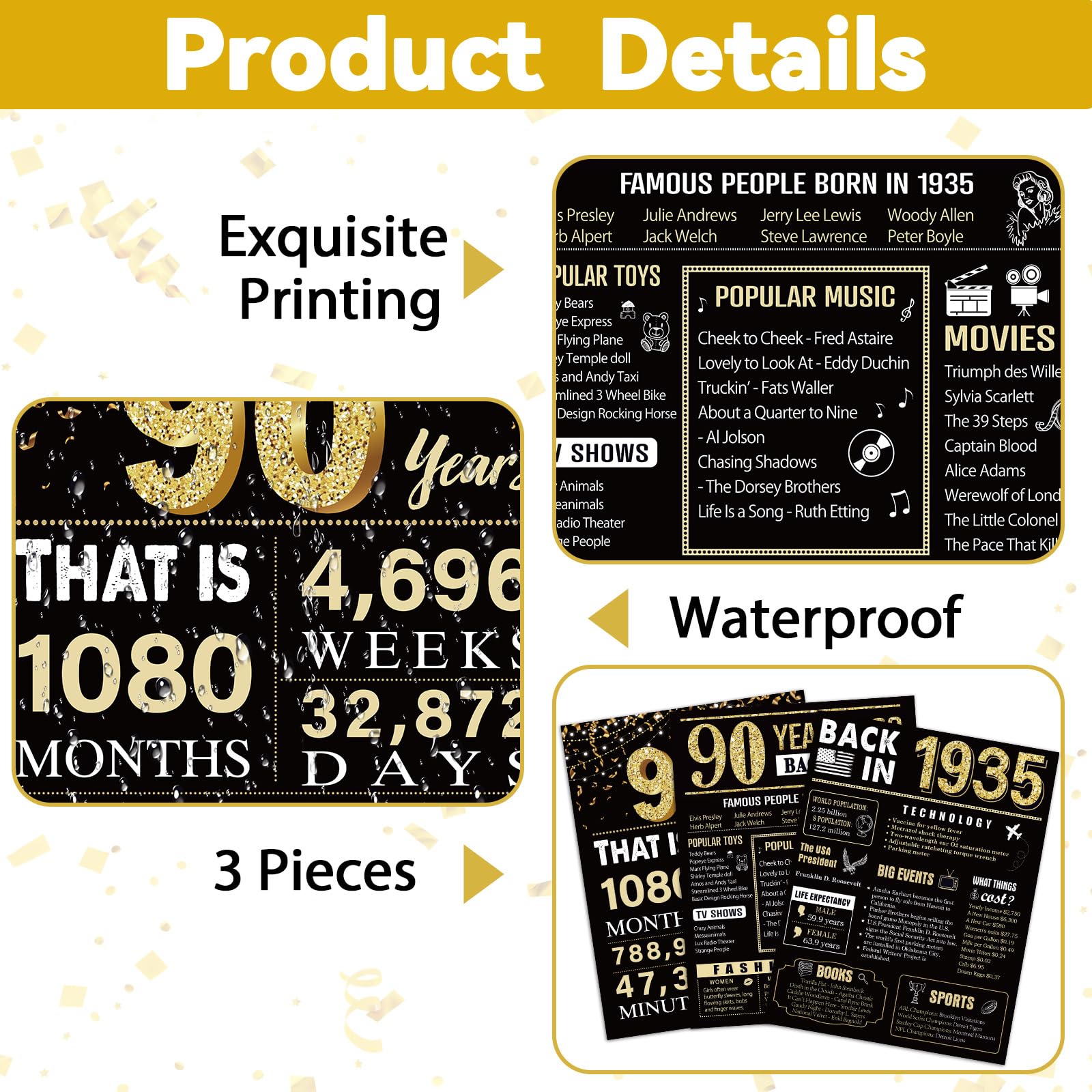 90 Years Ago 90th Birthday Wedding Anniversary Poster 3 Pieces 11 x 14 30s Party Decorations Supplies Large Sign Home Decor Black & Gold Wall Art Prints for Men and Women (Back in 1934-90 Years)