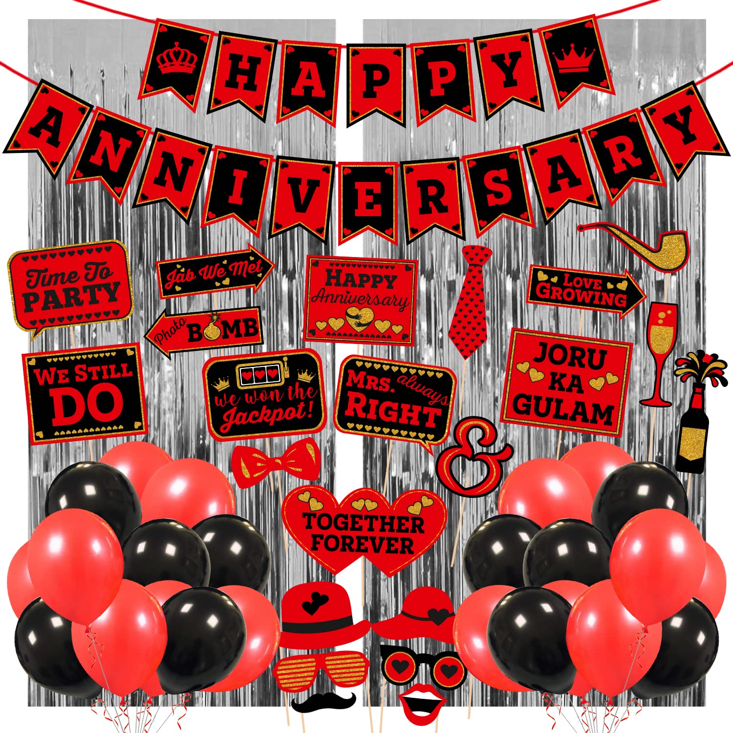 Zyozique Anniversary Red Black Photo Booth Party Props Kit Anniversary Paper Banner, Photo Booth Props , Foil Curtain and Ballo