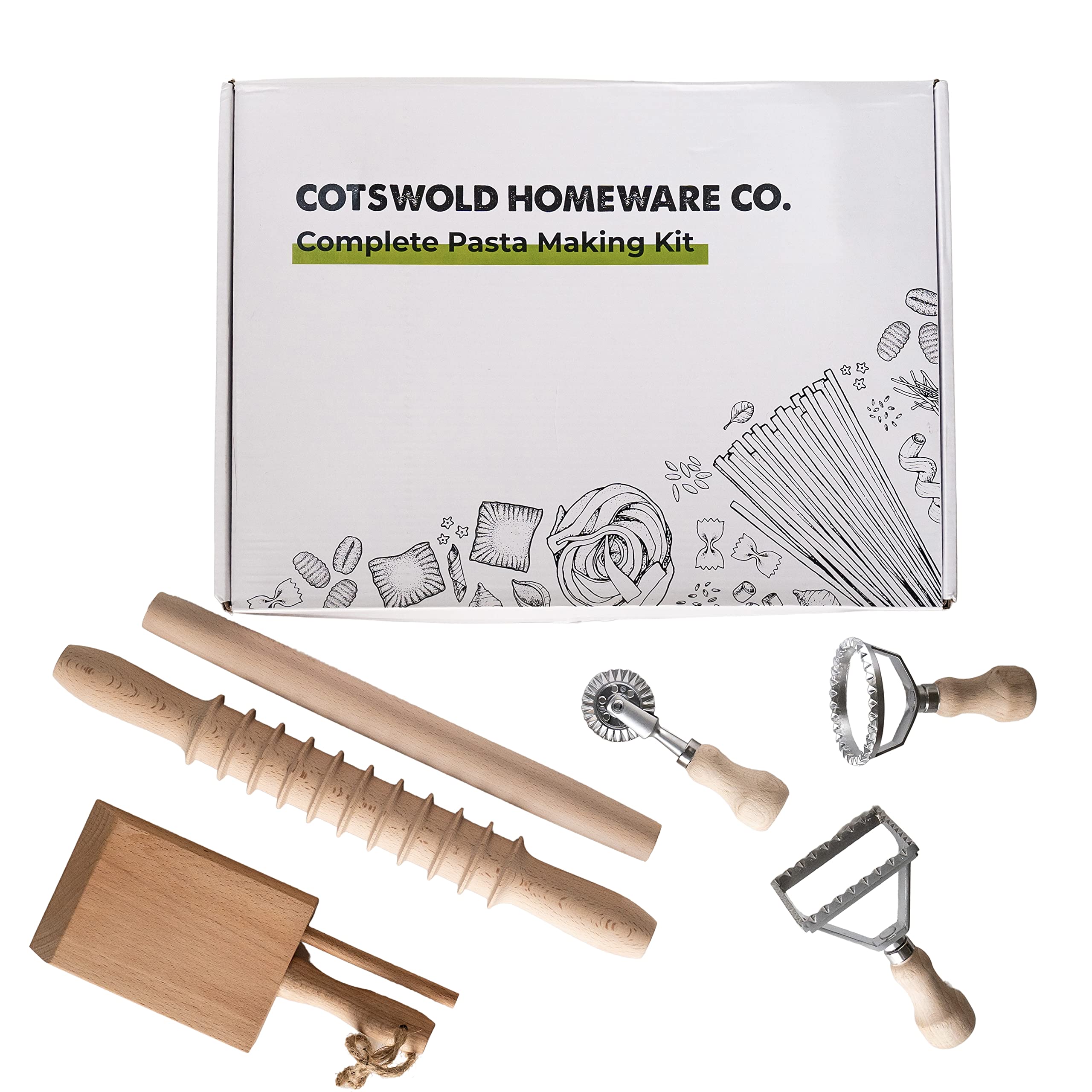 Complete 6 Pcs Pasta Making Tool Set Includes Two Ravioli Stamp Maker Cutter And Roller Wheel Set, Two Pasta Rolling Pins, Gnocc