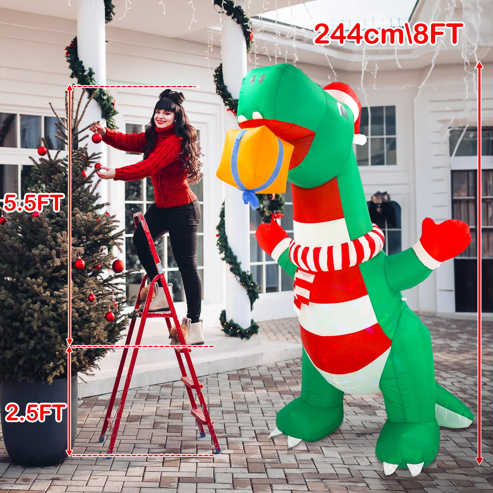8FT Christmas Inflatables Outdoor Decorations, Blow Up Yard Dinosaur Decoration with Christmas Hat & Gift Box, Built-in LED Ligh