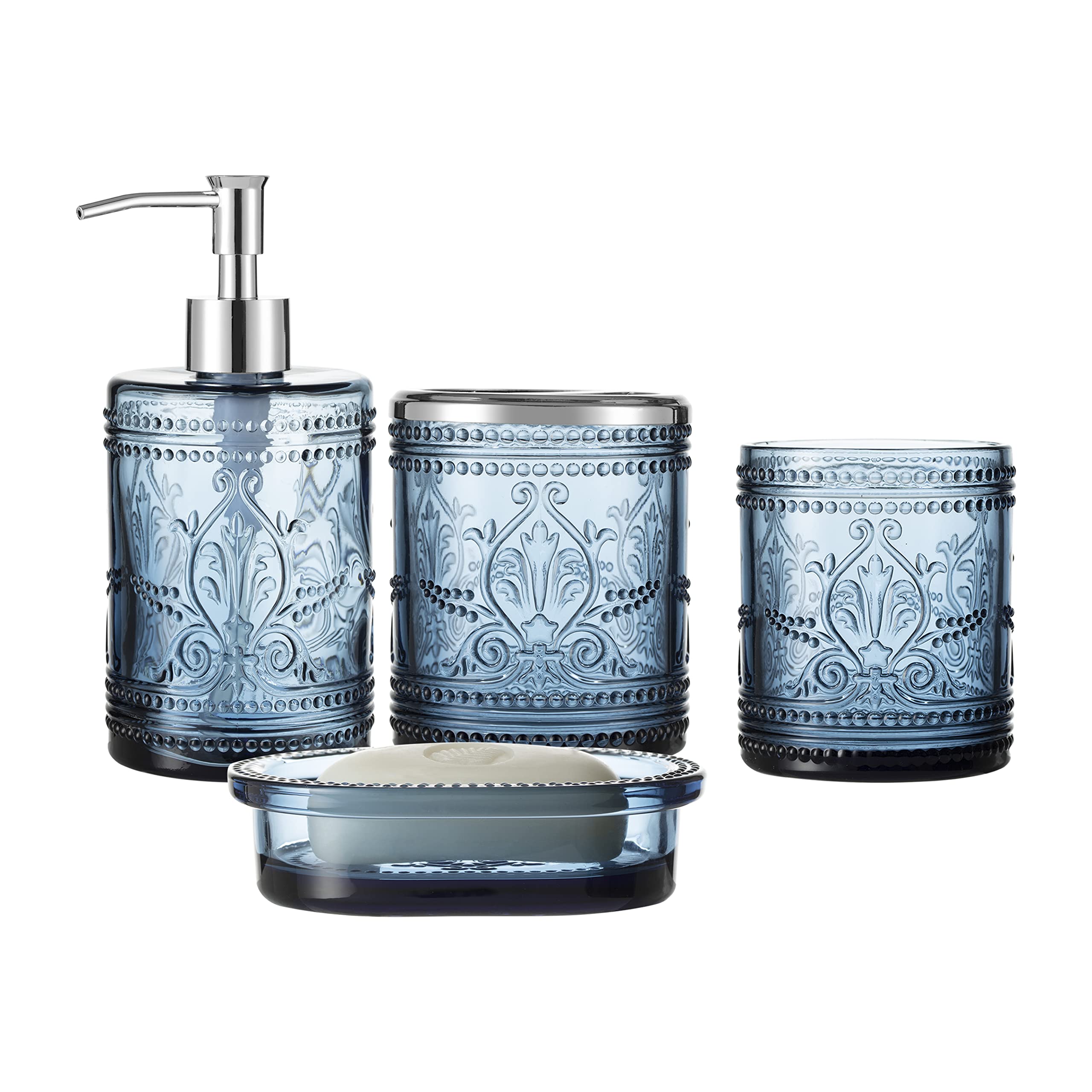 4Pcs Teal Blue Glass Bathroom Accessories Set With Decorative Pressed Pattern - Includes Hand Soap Dispenser & Tumbler & Soap Di