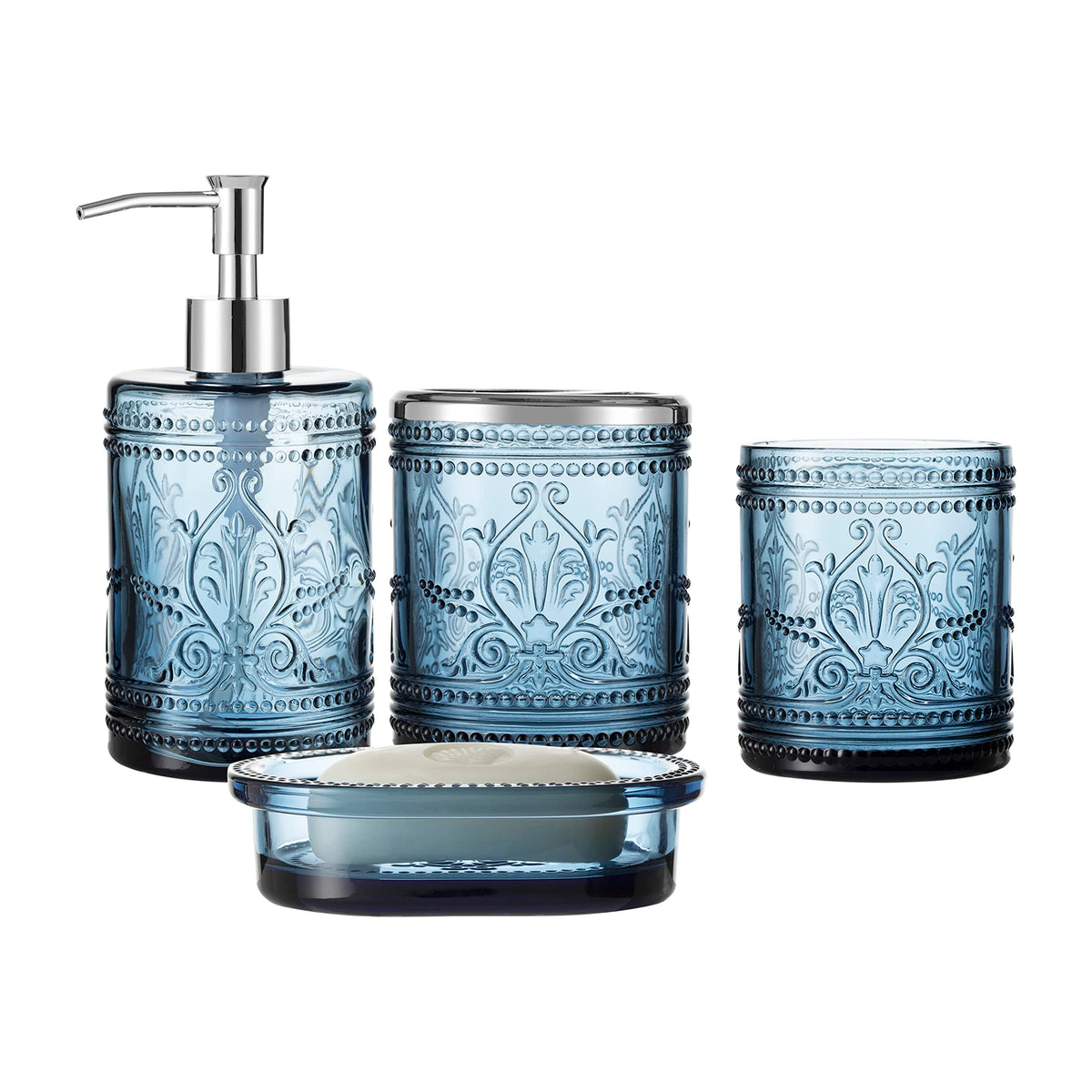 4Pcs Teal Blue Glass Bathroom Accessories Set With Decorative Pressed Pattern - Includes Hand Soap Dispenser & Tumbler & Soap Di
