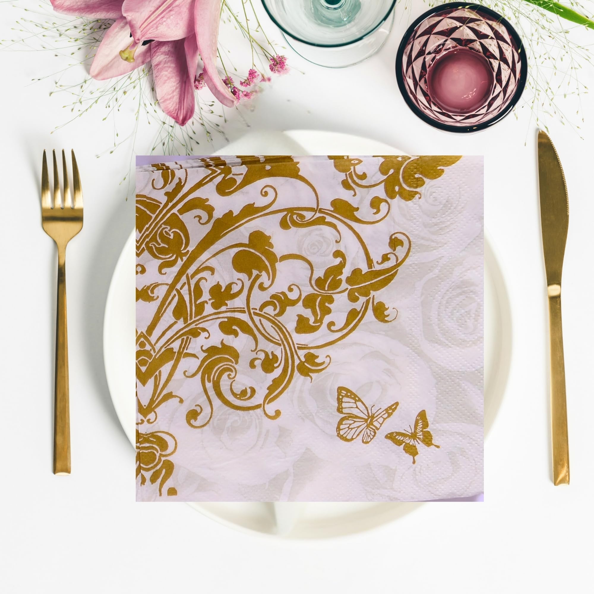 Party Anthem Gold Vintage Floral Butterfly Paper Napkins (Pack of 40)  Elegant Disposable Napkins for Weddings, Parties, and Oc